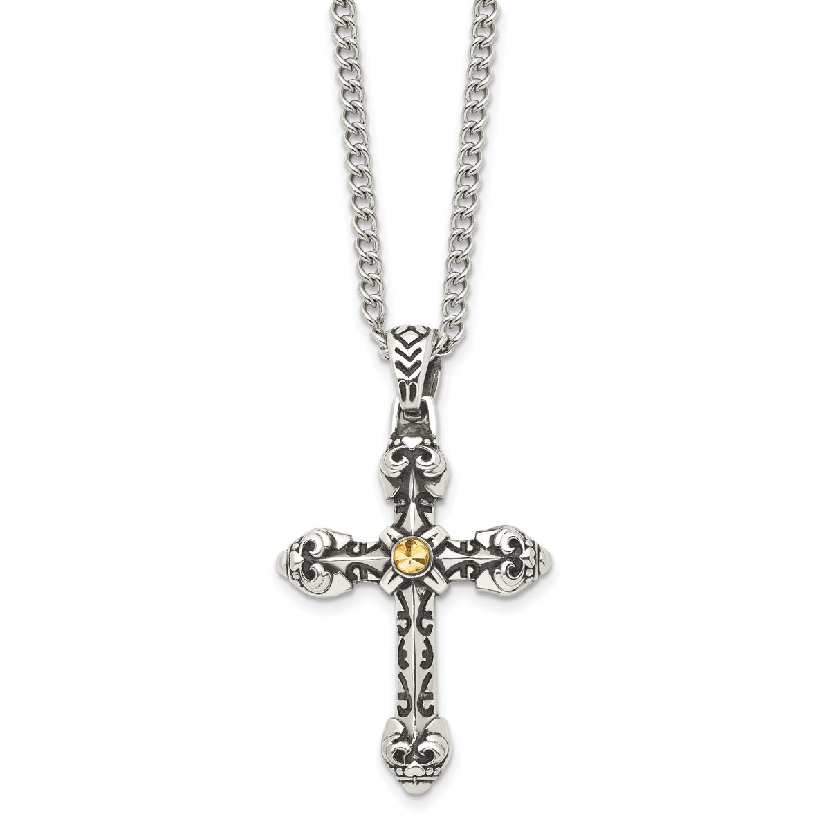 Stainless Steel Antiqued and Polished Yellow IP-plated Cross 24in Necklace