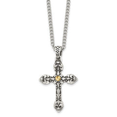 Stainless Steel Antiqued and Polished Yellow IP-plated Cross 24in Necklace