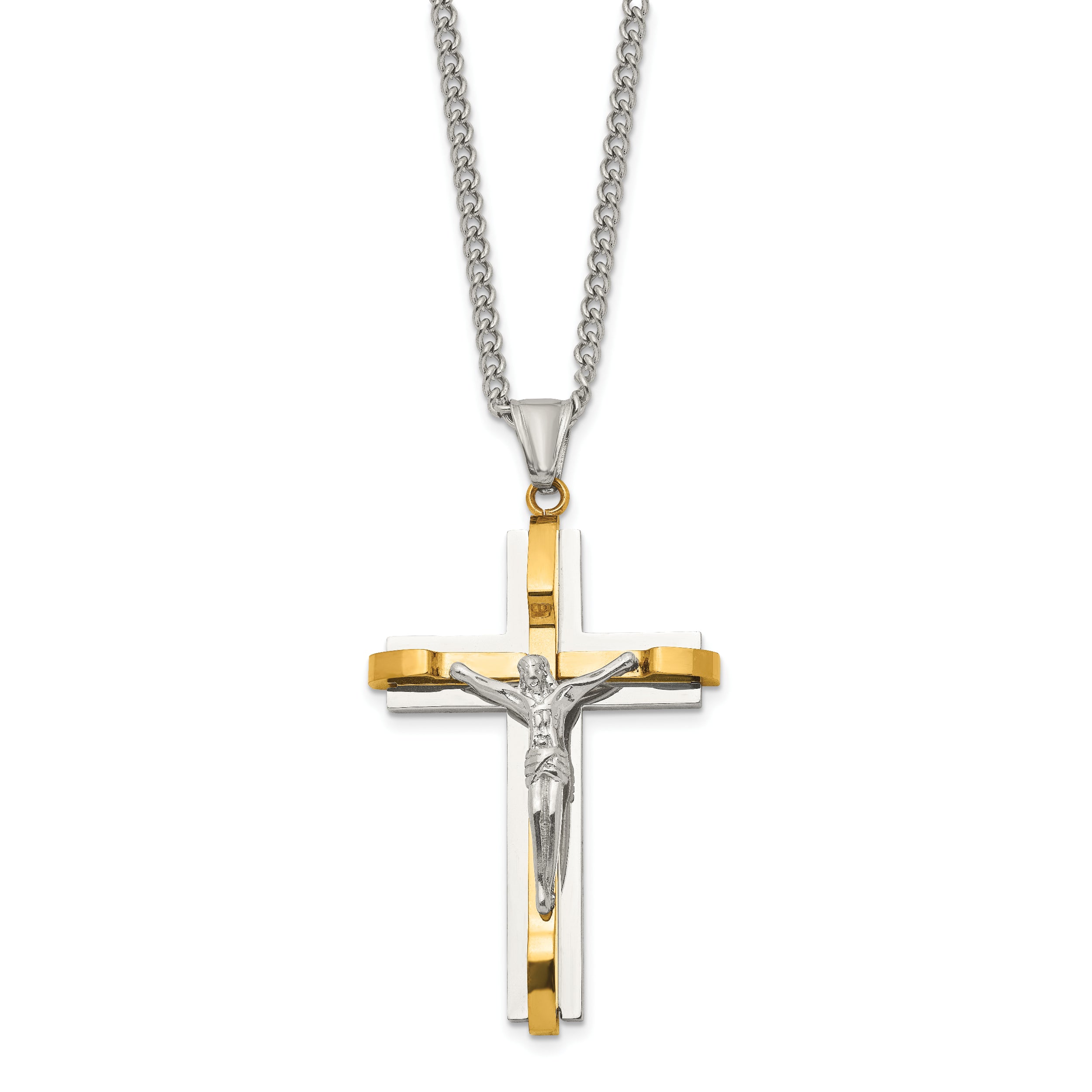 Chisel Stainless Steel Polished Yellow IP-plated Crucifix Pendant on a 24 inch Curb Chain Necklace