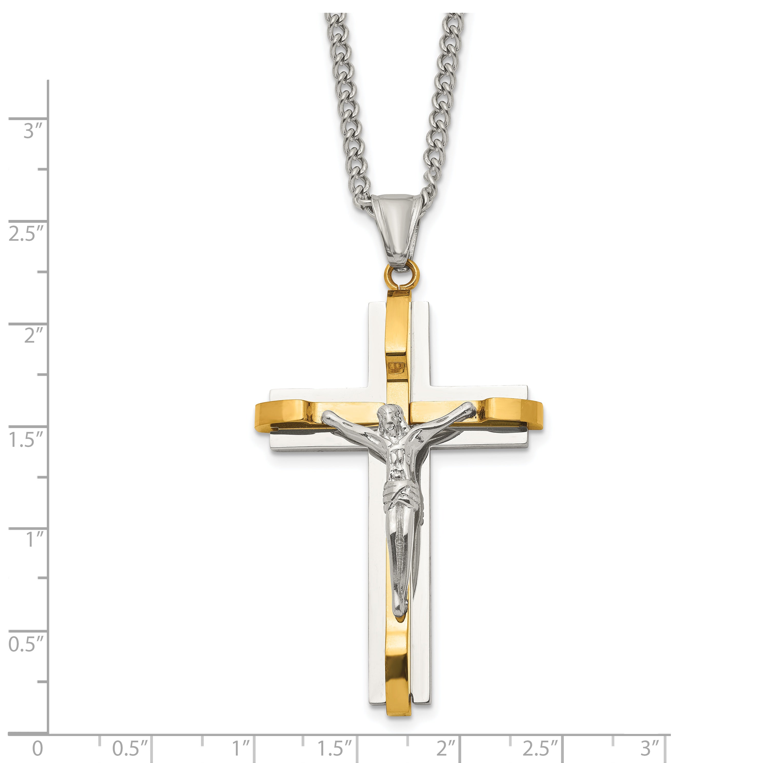 Chisel Stainless Steel Polished Yellow IP-plated Crucifix Pendant on a 24 inch Curb Chain Necklace