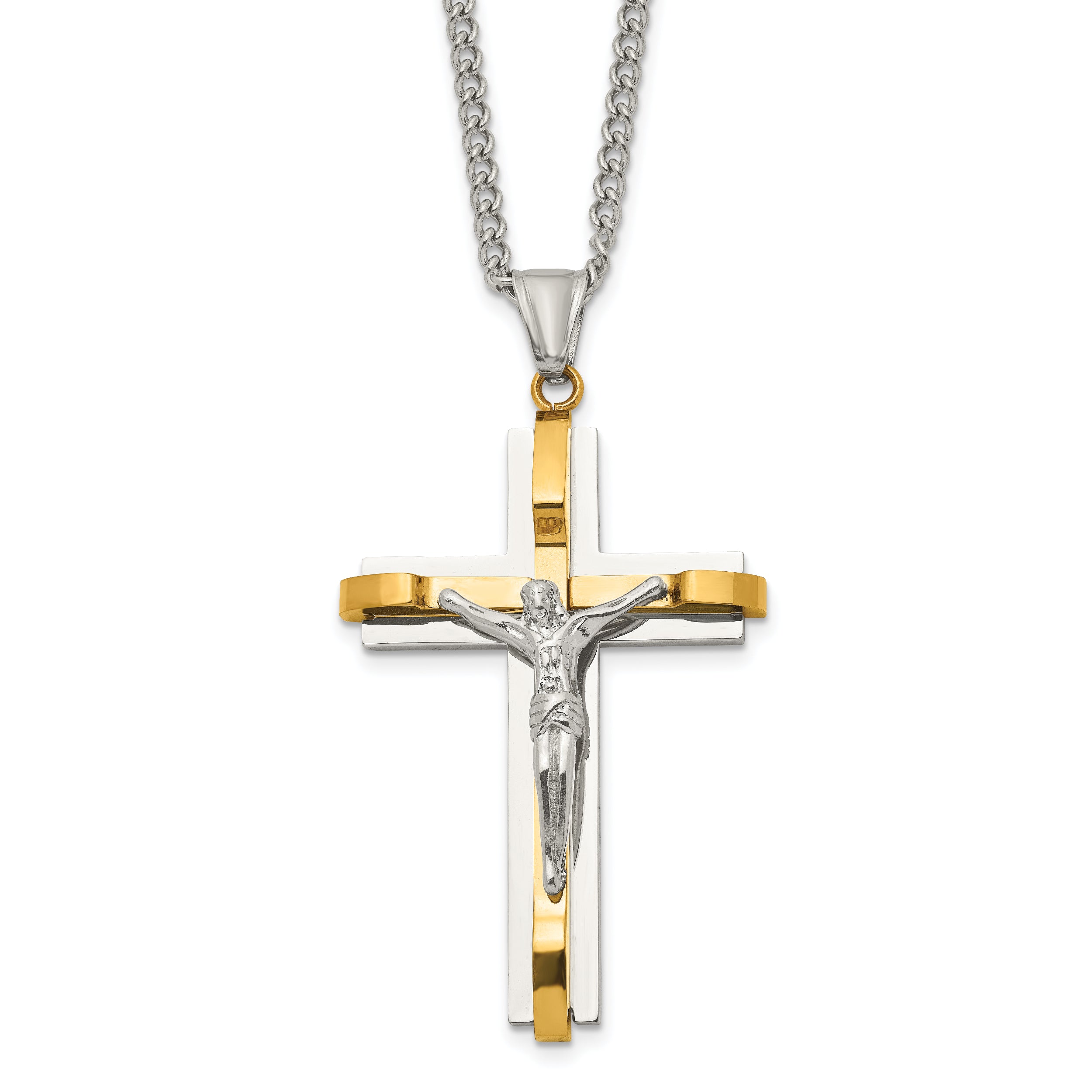 Chisel Stainless Steel Polished Yellow IP-plated Crucifix Pendant on a 24 inch Curb Chain Necklace