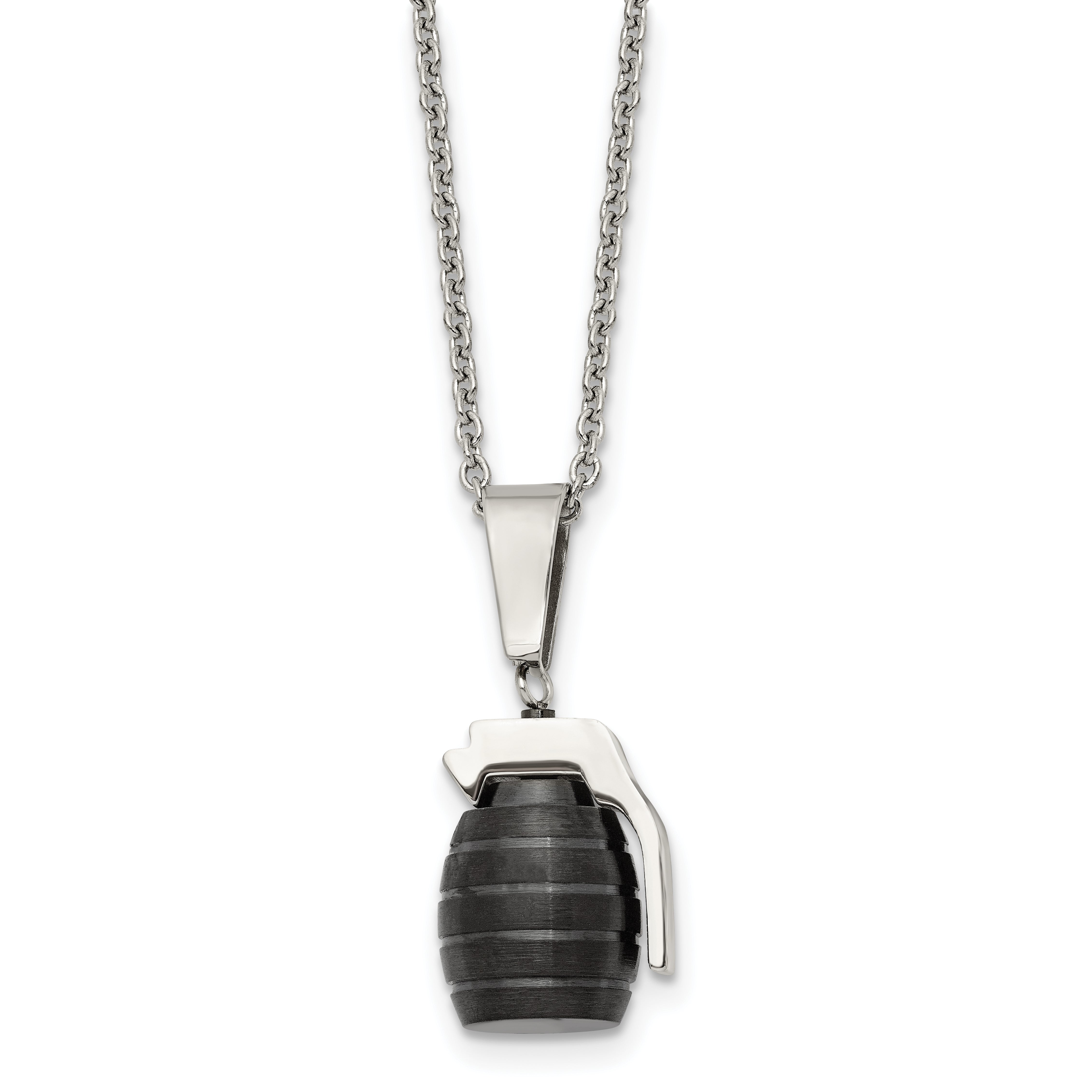 Stainless Steel Polished and Textured Black IP-plated Grenade Necklace