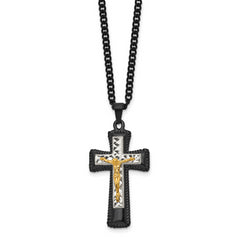 Chisel Stainless Steel Polished Black IP-plated, Gold-plated and Silver-Plated Brass Crucifix on a 24 inch Curb Chain Necklace