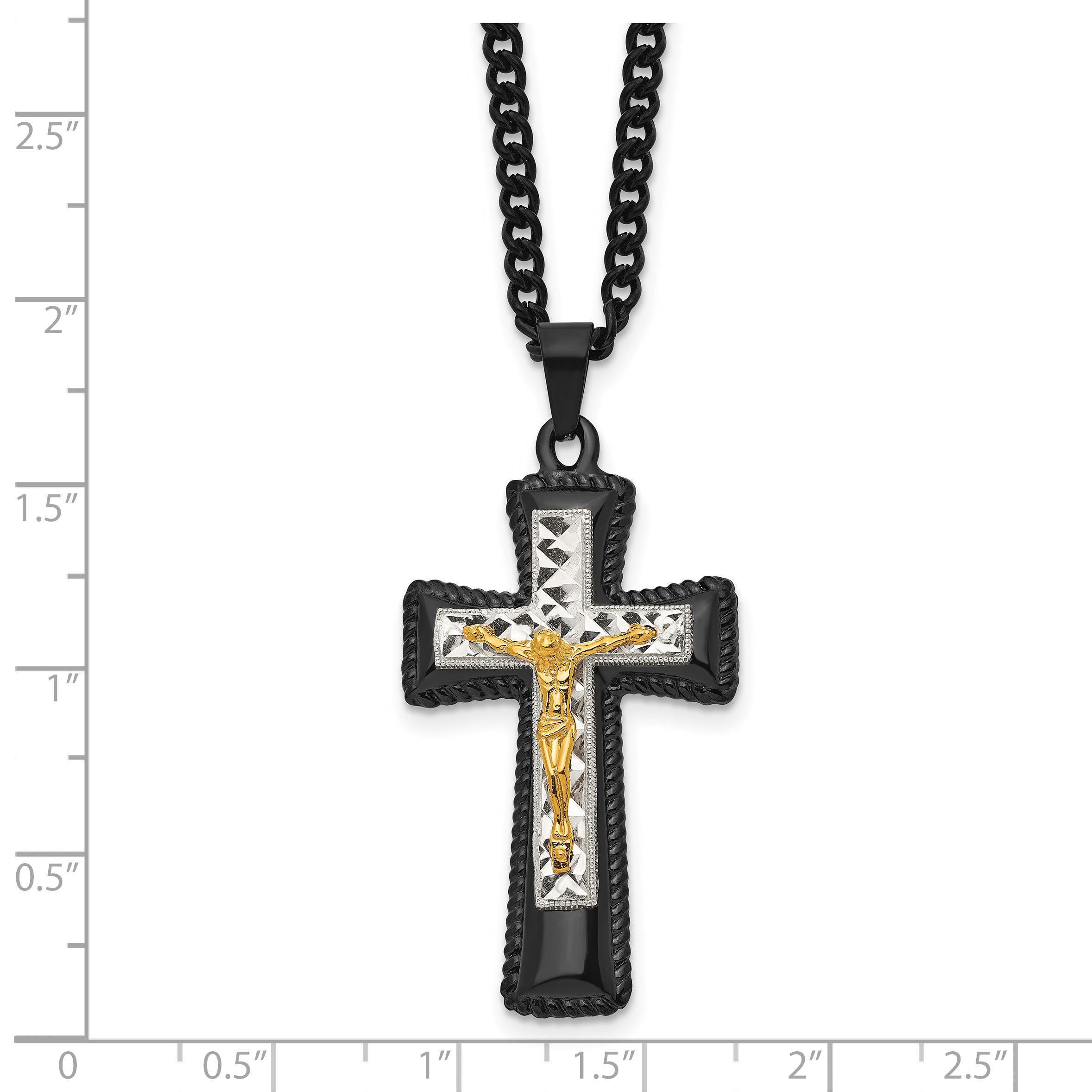 Chisel Stainless Steel Polished Black IP-plated, Gold-plated and Silver-Plated Brass Crucifix on a 24 inch Curb Chain Necklace