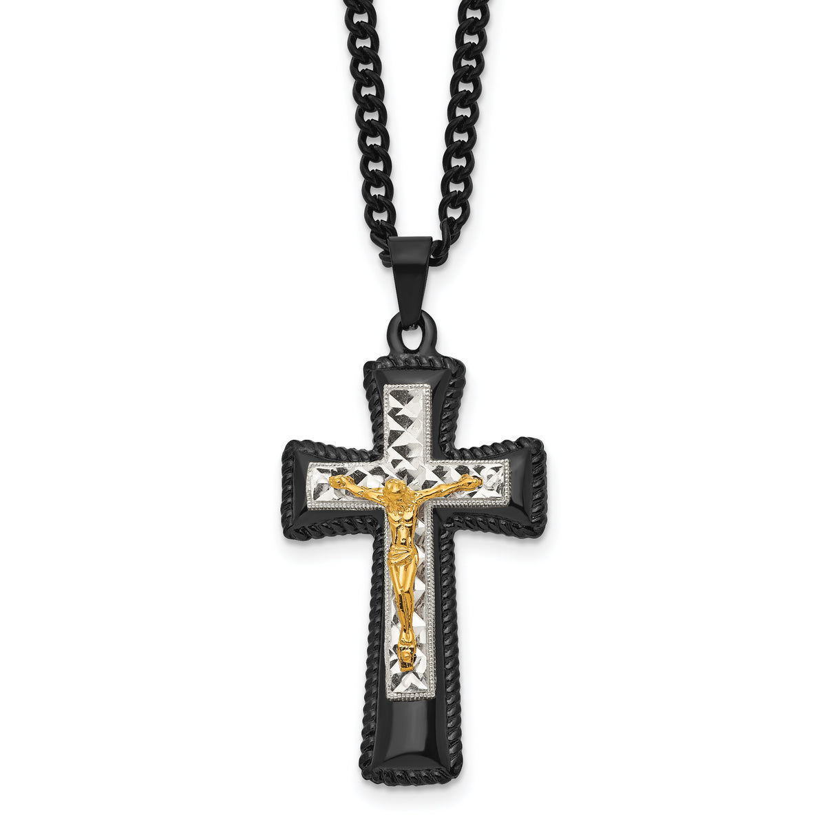 Chisel Stainless Steel Polished Black IP-plated, Gold-plated and Silver-Plated Brass Crucifix on a 24 inch Curb Chain Necklace