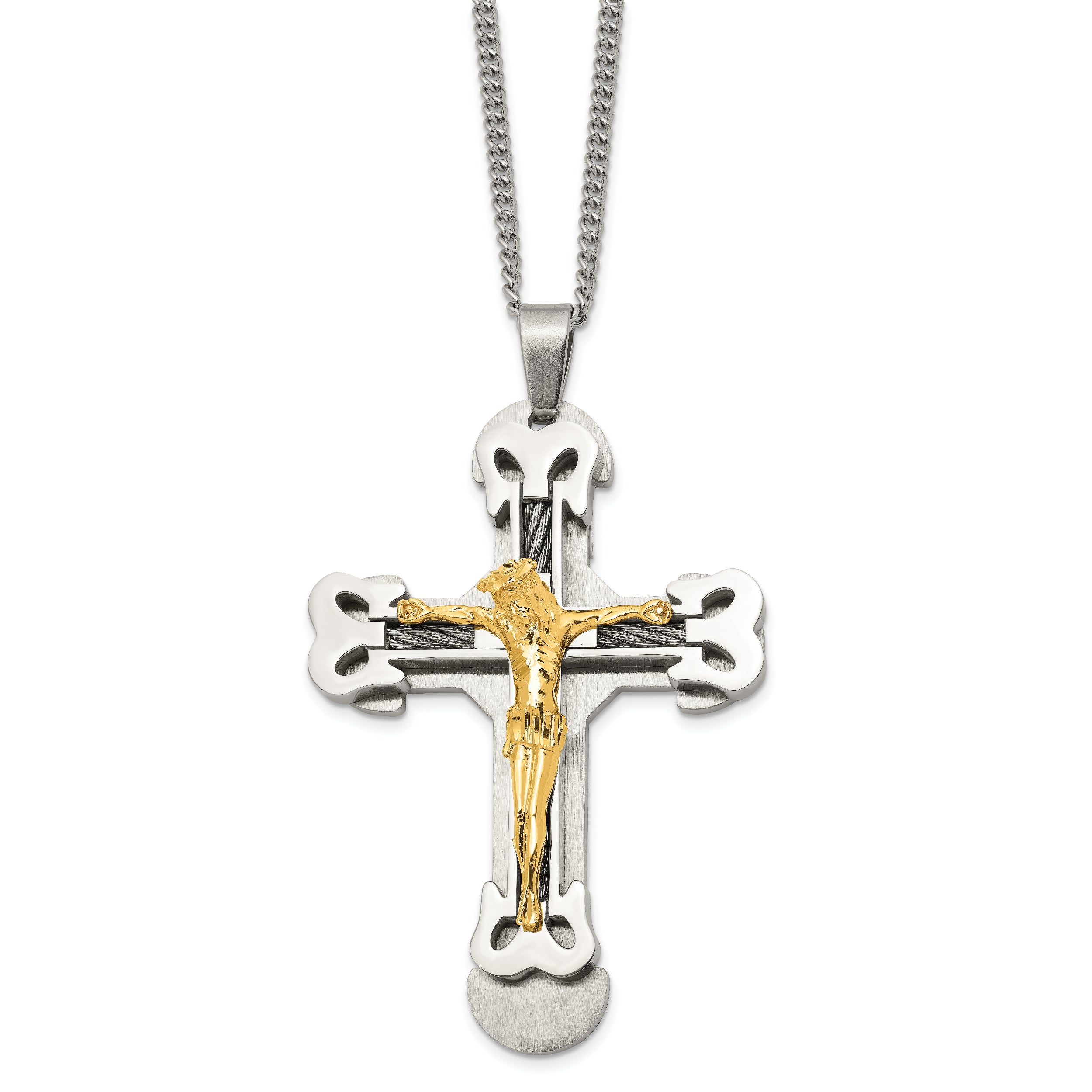 Chisel Stainless Steel Brushed and Polished Yellow IP-plated with Cable Crucifix Pendant on a 24 inch Curb Chain Necklace