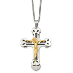 Chisel Stainless Steel Brushed and Polished Yellow IP-plated with Cable Crucifix Pendant on a 24 inch Curb Chain Necklace