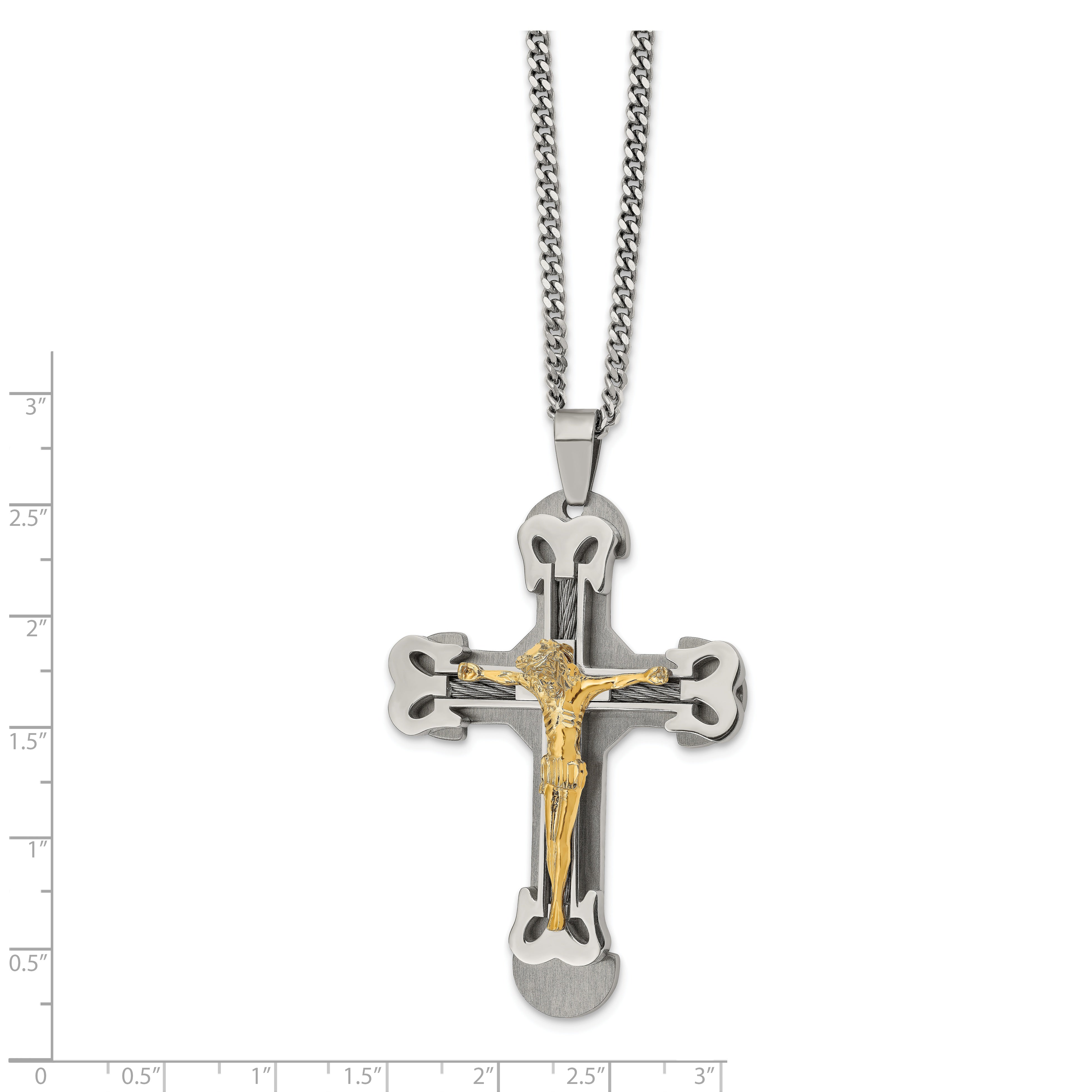 Chisel Stainless Steel Brushed and Polished Yellow IP-plated with Cable Crucifix Pendant on a 24 inch Curb Chain Necklace