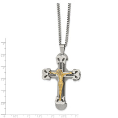 Chisel Stainless Steel Brushed and Polished Yellow IP-plated with Cable Crucifix Pendant on a 24 inch Curb Chain Necklace