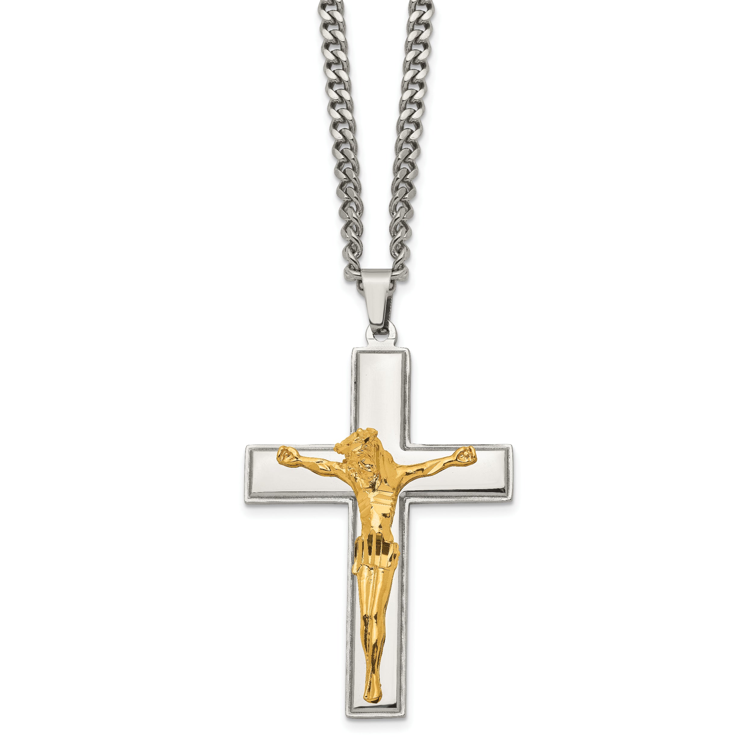 Chisel Stainless Steel Polished Yellow IP-plated Crucifix Pendant on a 24 inch Curb Chain Necklace