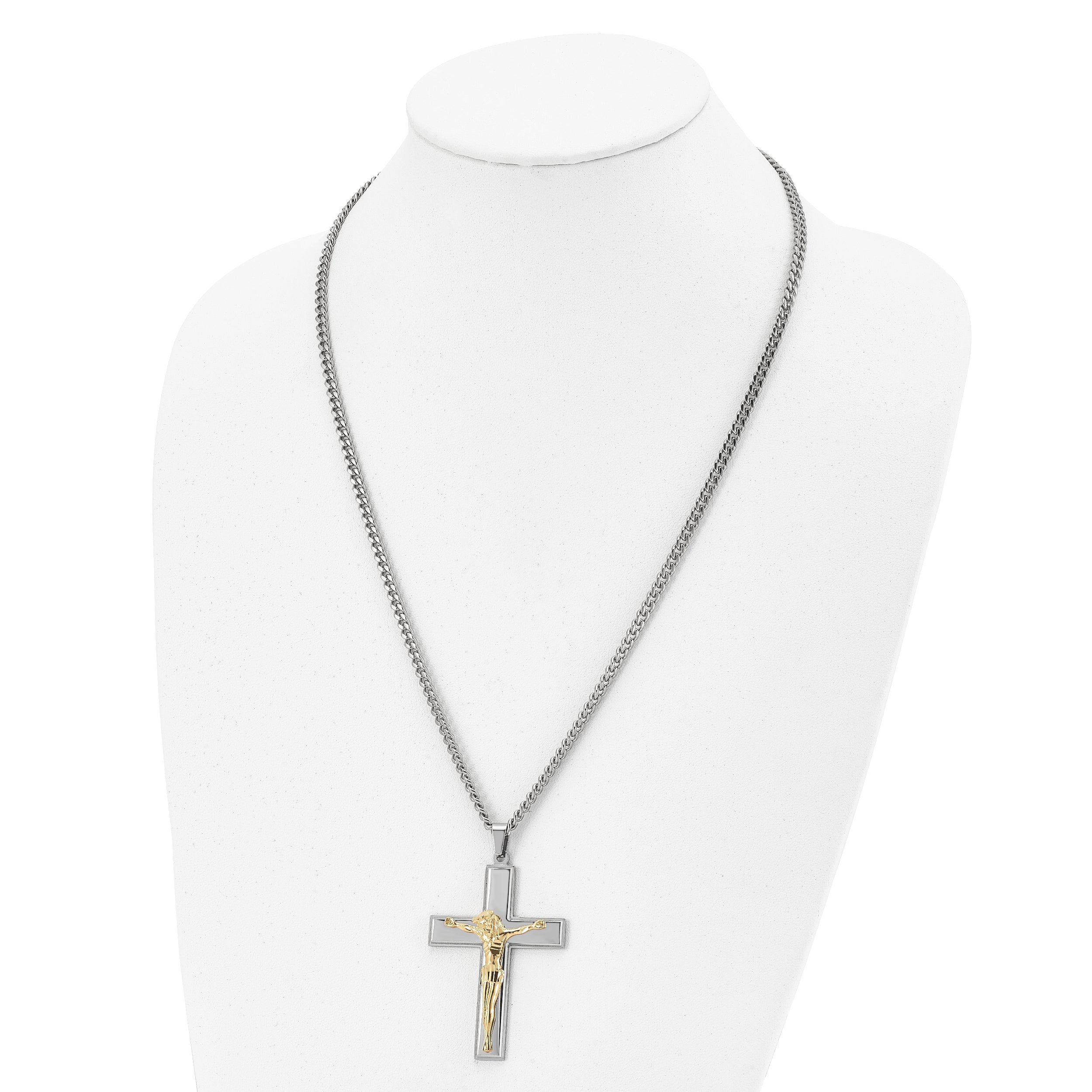 Chisel Stainless Steel Polished Yellow IP-plated Crucifix Pendant on a 24 inch Curb Chain Necklace