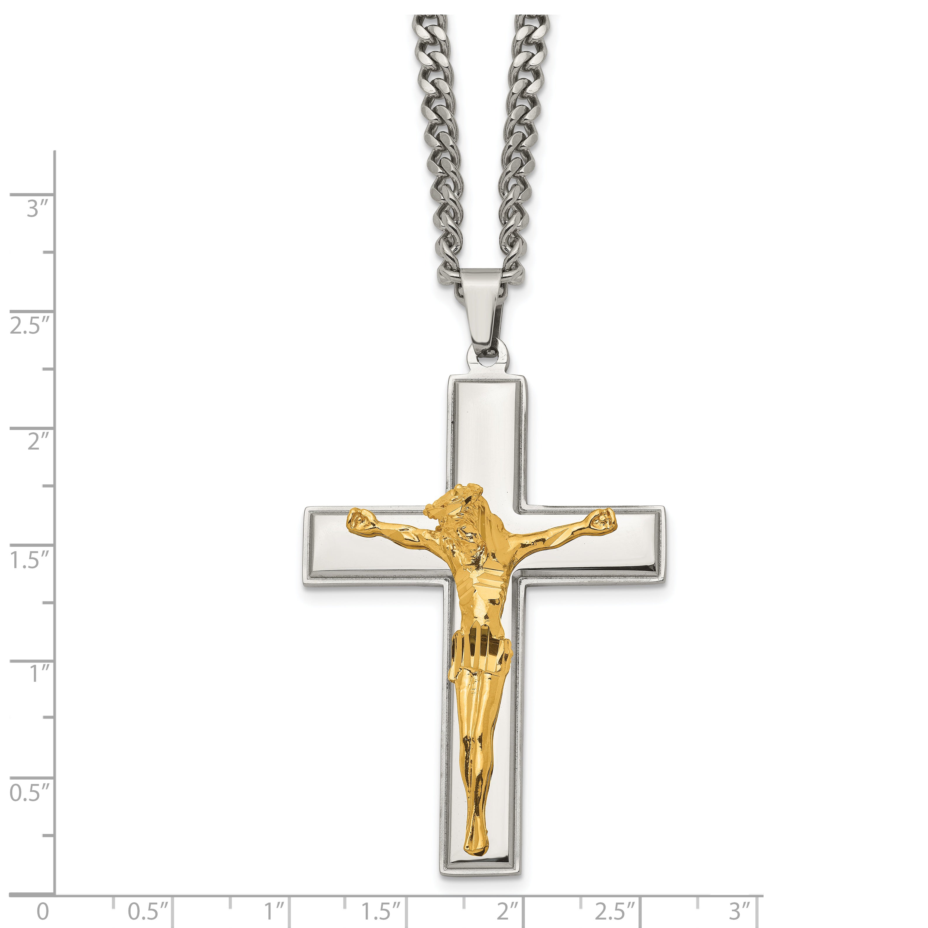 Chisel Stainless Steel Polished Yellow IP-plated Crucifix Pendant on a 24 inch Curb Chain Necklace