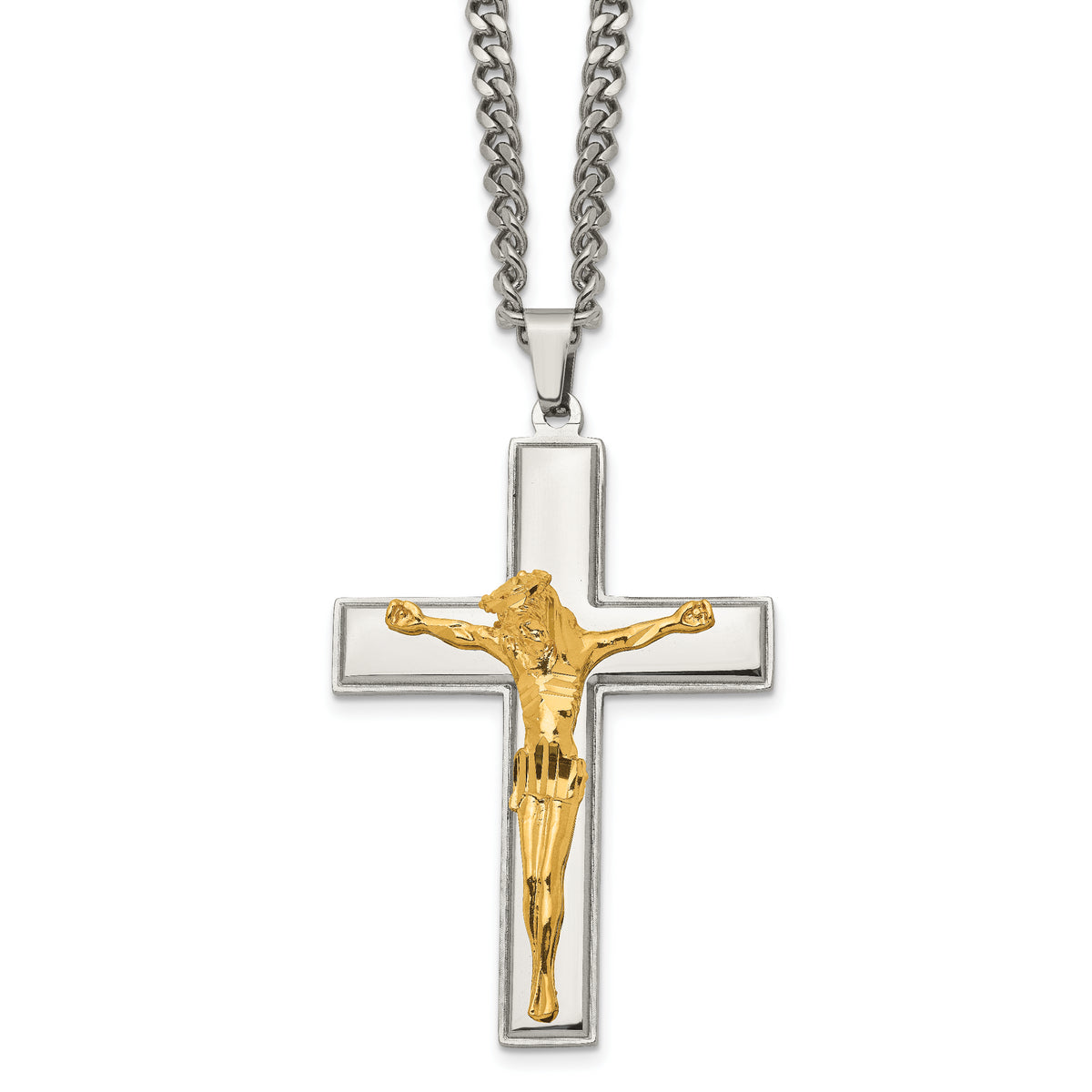 Chisel Stainless Steel Polished Yellow IP-plated Crucifix Pendant on a 24 inch Curb Chain Necklace