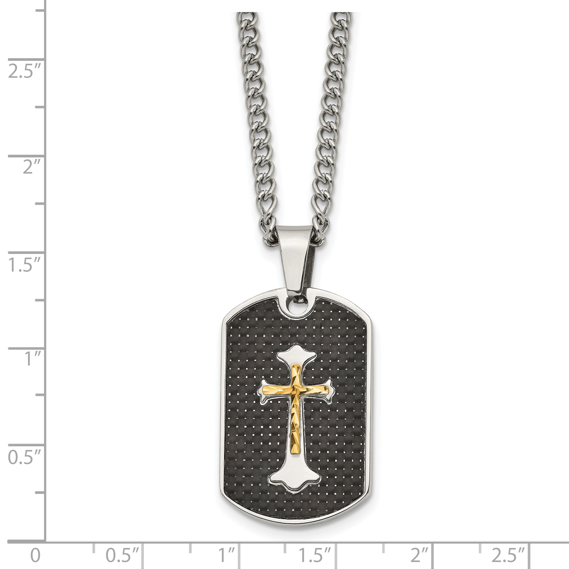 Chisel Stainless Steel Polished with Sterling Silver and Carbon Fiber Inlay Yellow IP-plated Cross on a 24 inch Curb Chain Necklace