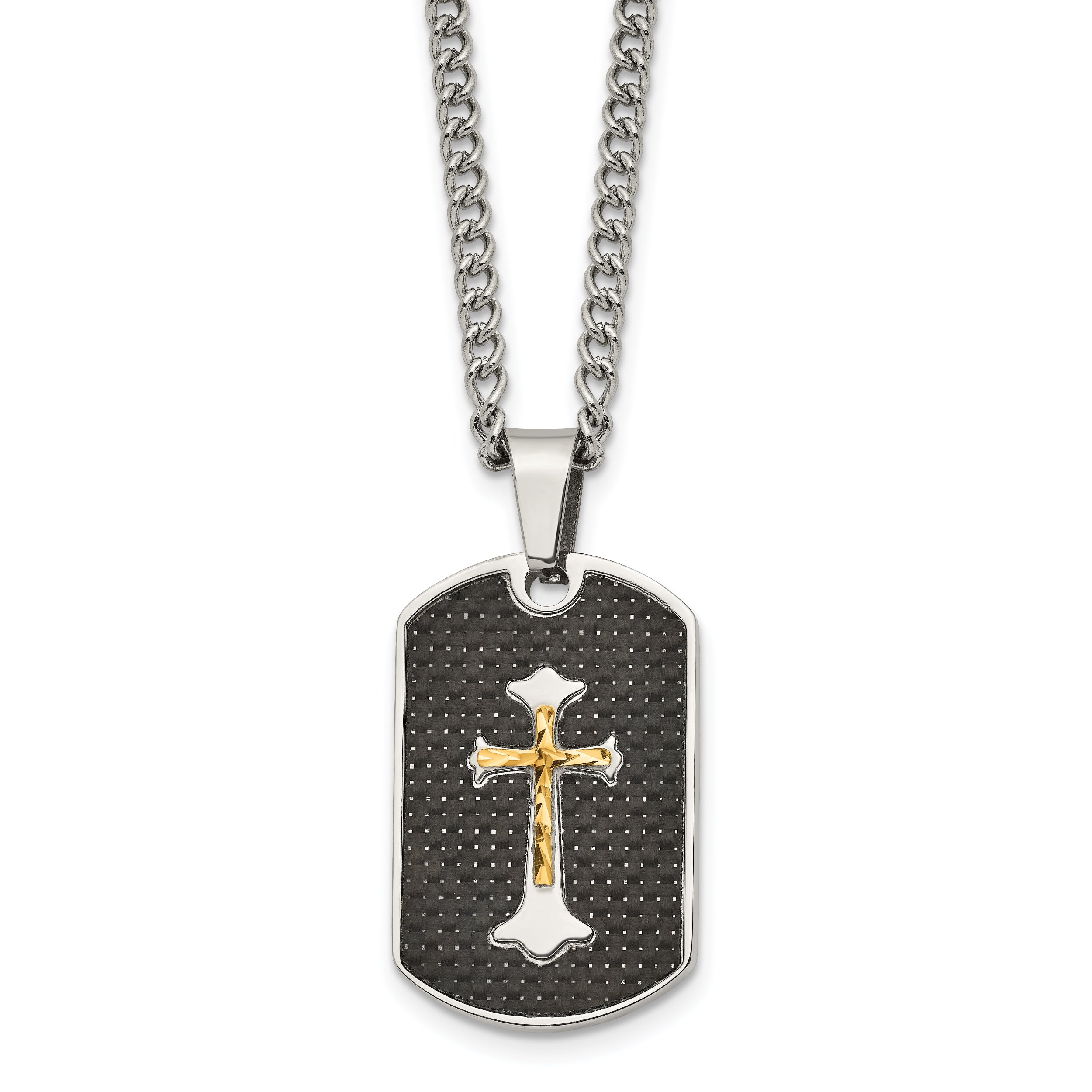 Chisel Stainless Steel Polished with Sterling Silver and Carbon Fiber Inlay Yellow IP-plated Cross on a 24 inch Curb Chain Necklace