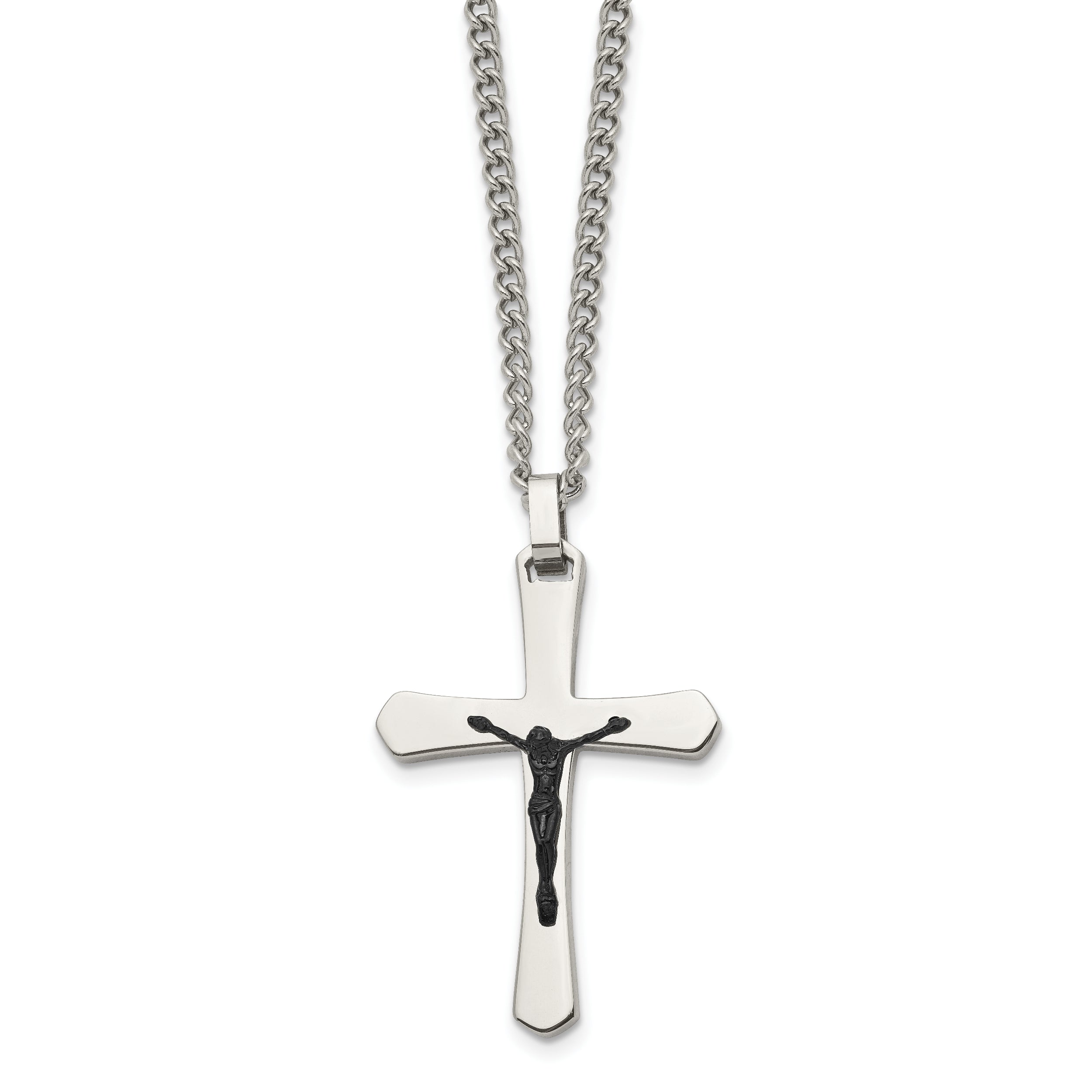 Chisel Stainless Steel Polished Black IP-plated Crucifix Pendant on a 24 inch Curb Chain Necklace