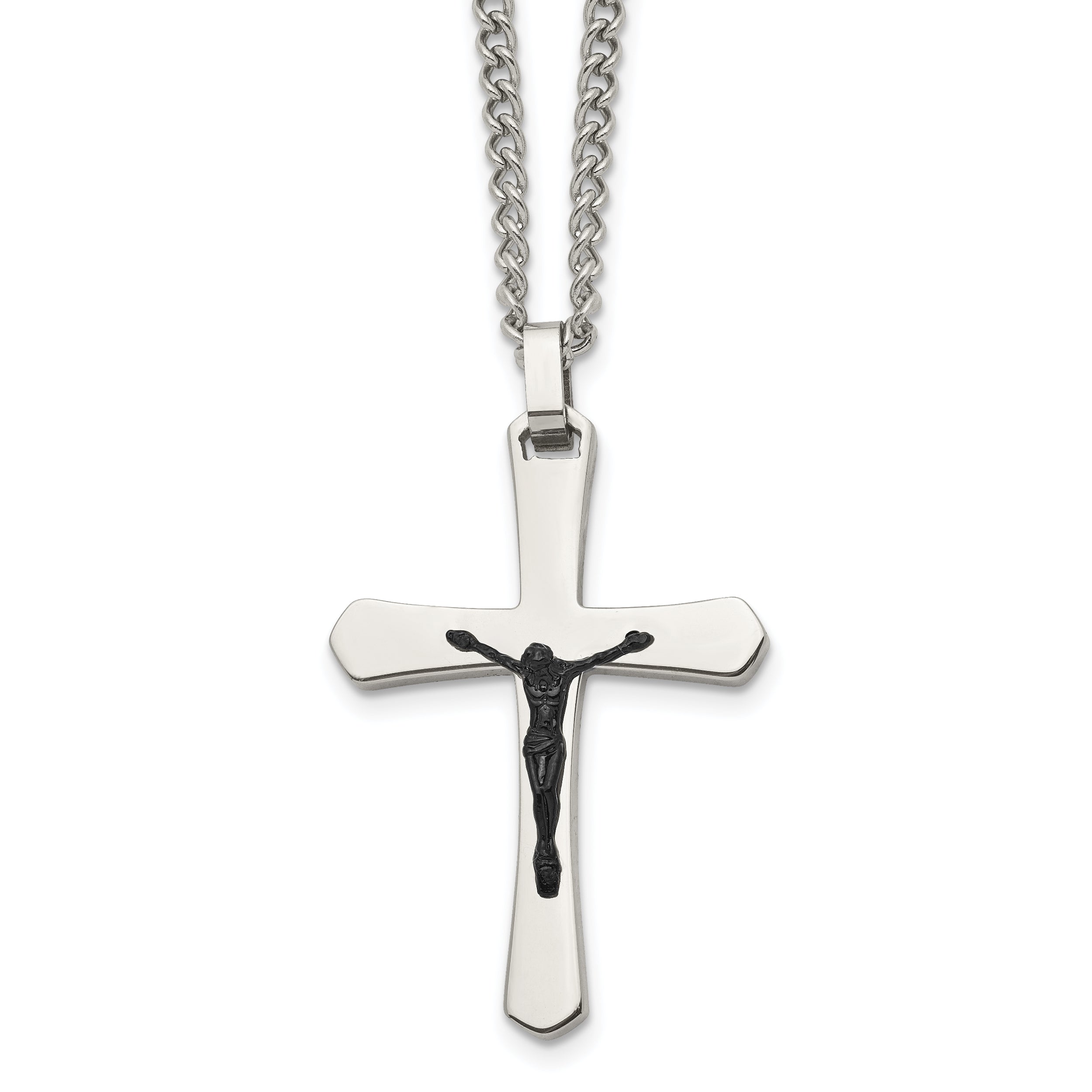 Chisel Stainless Steel Polished Black IP-plated Crucifix Pendant on a 24 inch Curb Chain Necklace