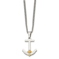 Chisel Stainless Steel Polished with 14k Gold and .02 Carat Diamond Anchor Mariner Cross Pendant on a 24 inch Curb Chain Necklace