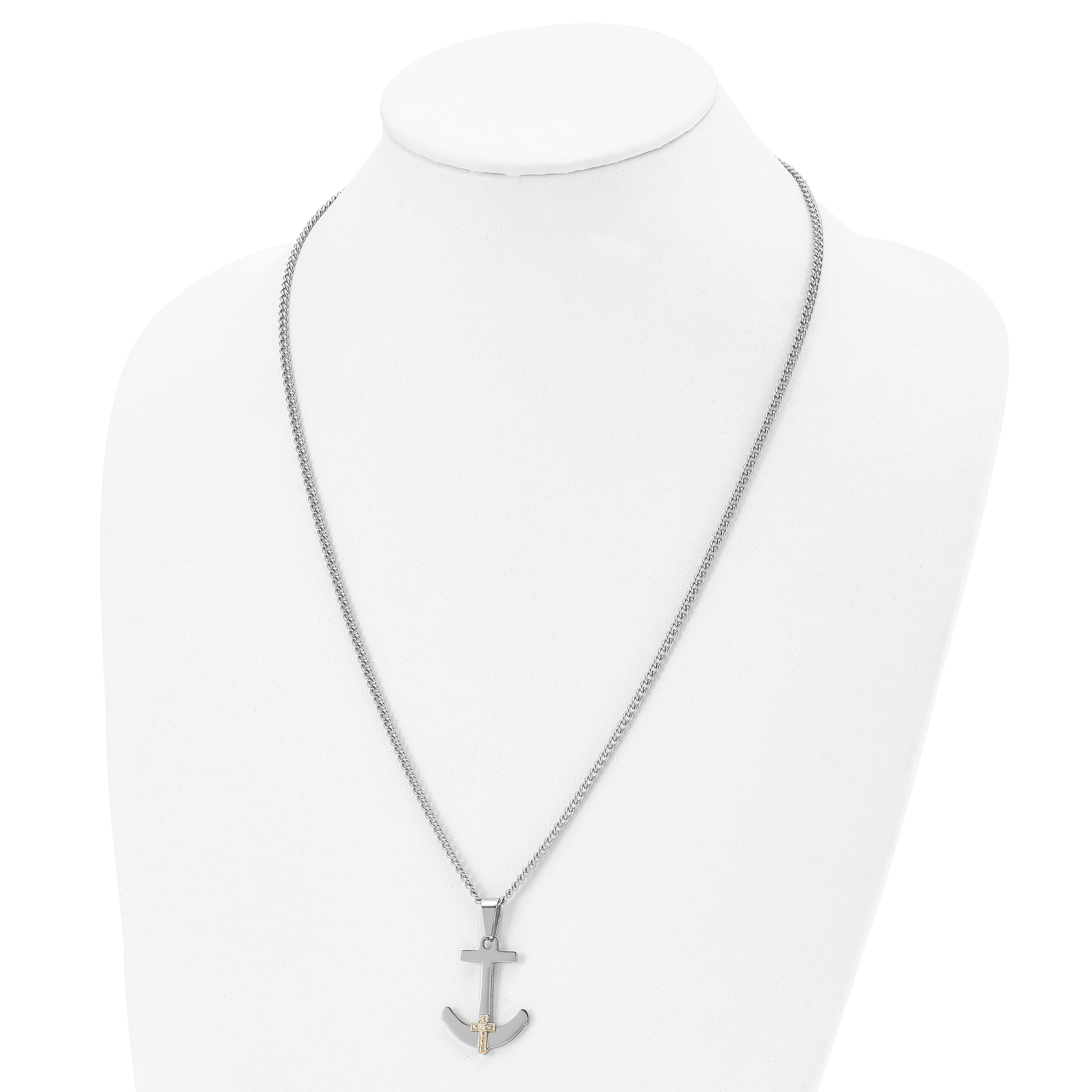 Chisel Stainless Steel Polished with 14k Gold and .02 Carat Diamond Anchor Mariner Cross Pendant on a 24 inch Curb Chain Necklace