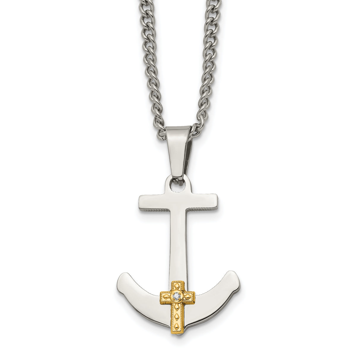 Chisel Stainless Steel Polished with 14k Gold and .02 Carat Diamond Anchor Mariner Cross Pendant on a 24 inch Curb Chain Necklace