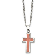 Stainless Steel Polished w/Wood Inlay Cross 24in Necklace