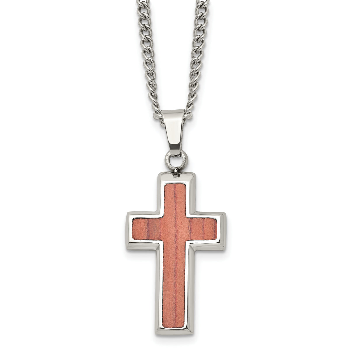 Stainless Steel Polished w/Wood Inlay Cross 24in Necklace