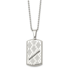 Stainless Steel 22in Polished & Textured w/Black CZ Dog Tag Necklace