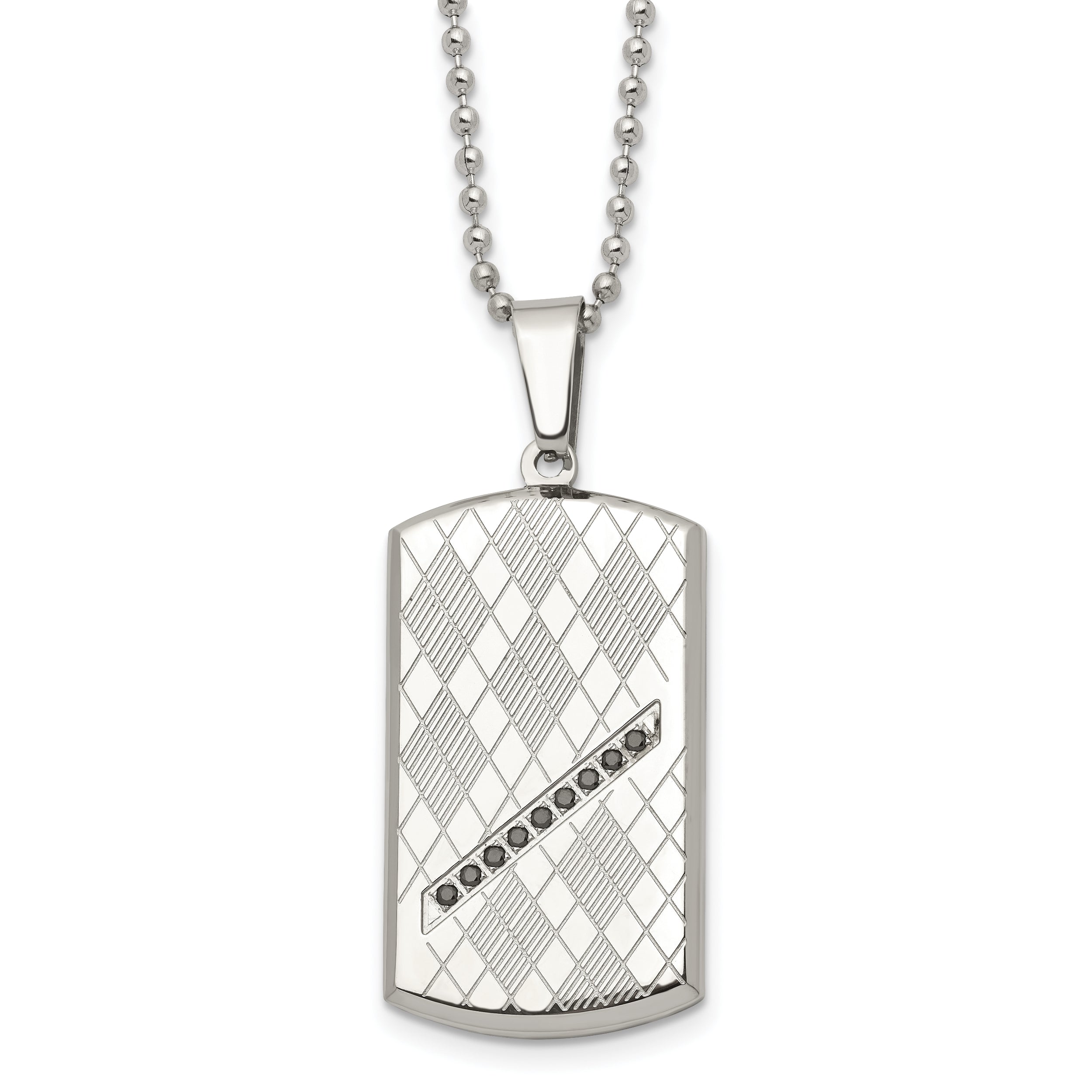 Stainless Steel 22in Polished & Textured w/Black CZ Dog Tag Necklace