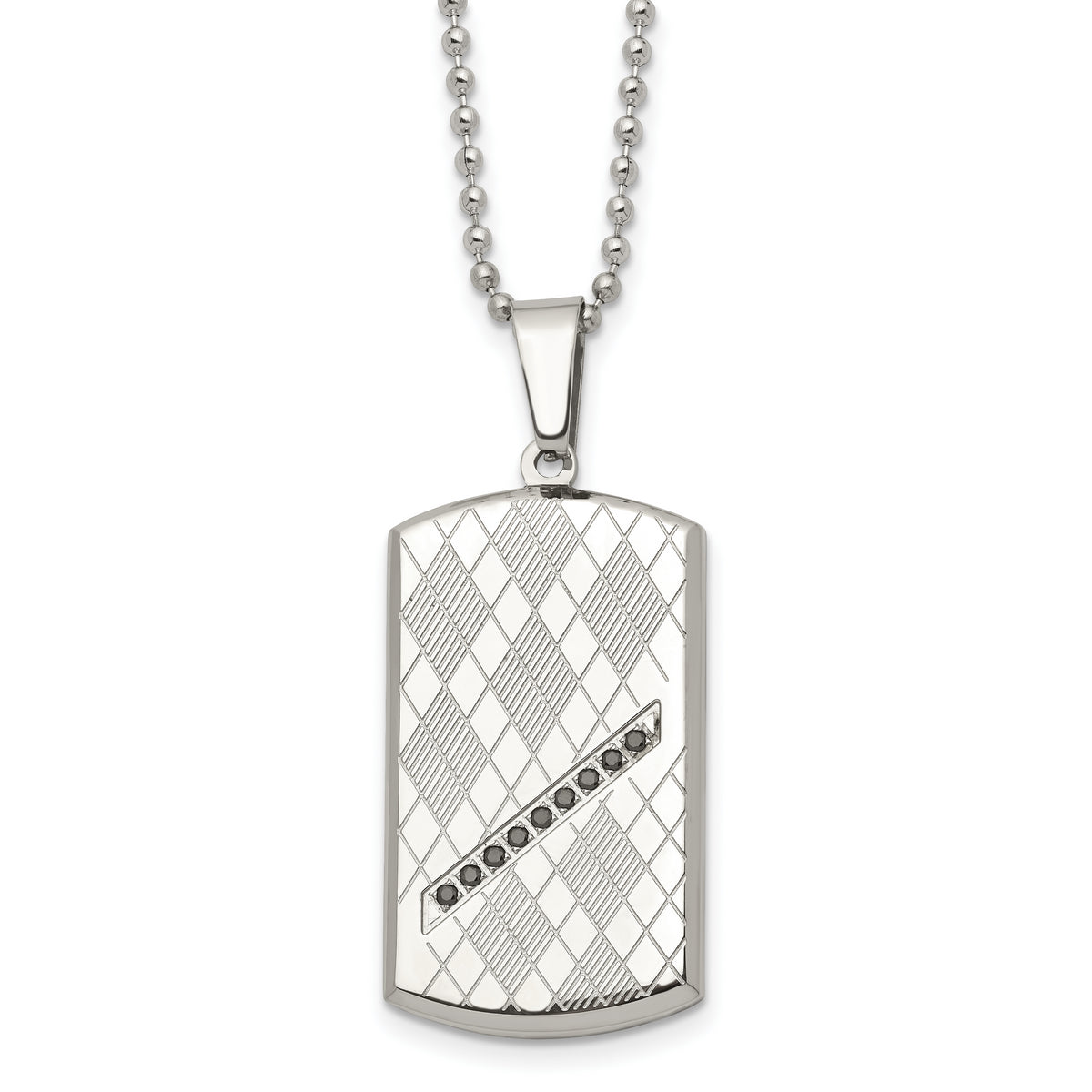 Stainless Steel 22in Polished & Textured w/Black CZ Dog Tag Necklace