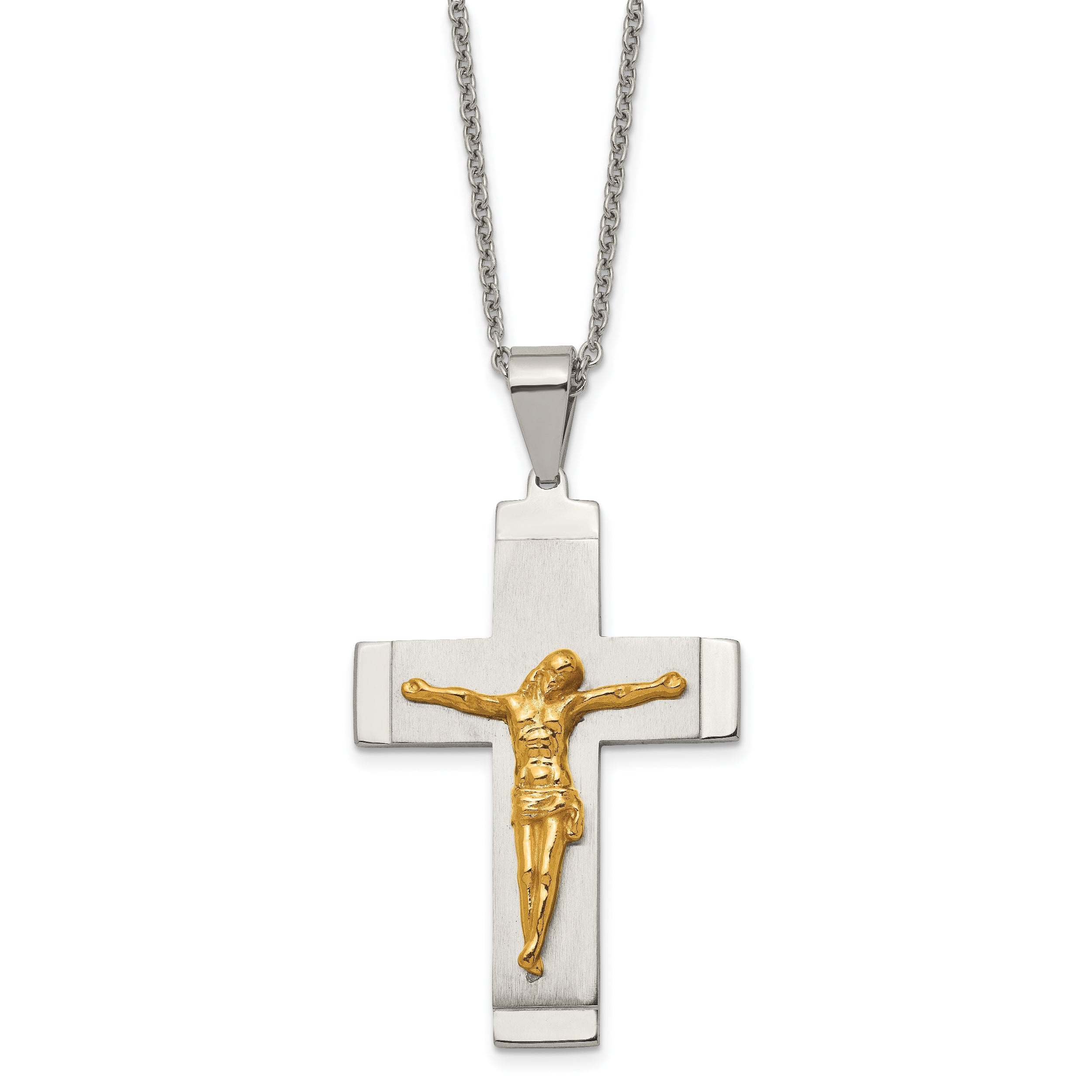 Chisel Stainless Steel Brushed and Polished Yellow IP-plated Crucifix Pendant on a 20 inch Curb Chain Necklace