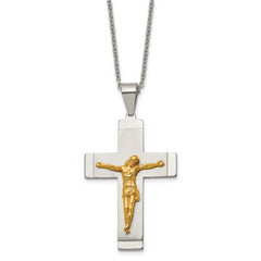 Chisel Stainless Steel Brushed and Polished Yellow IP-plated Crucifix Pendant on a 20 inch Curb Chain Necklace