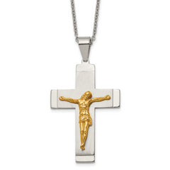 Chisel Stainless Steel Brushed and Polished Yellow IP-plated Crucifix Pendant on a 20 inch Curb Chain Necklace