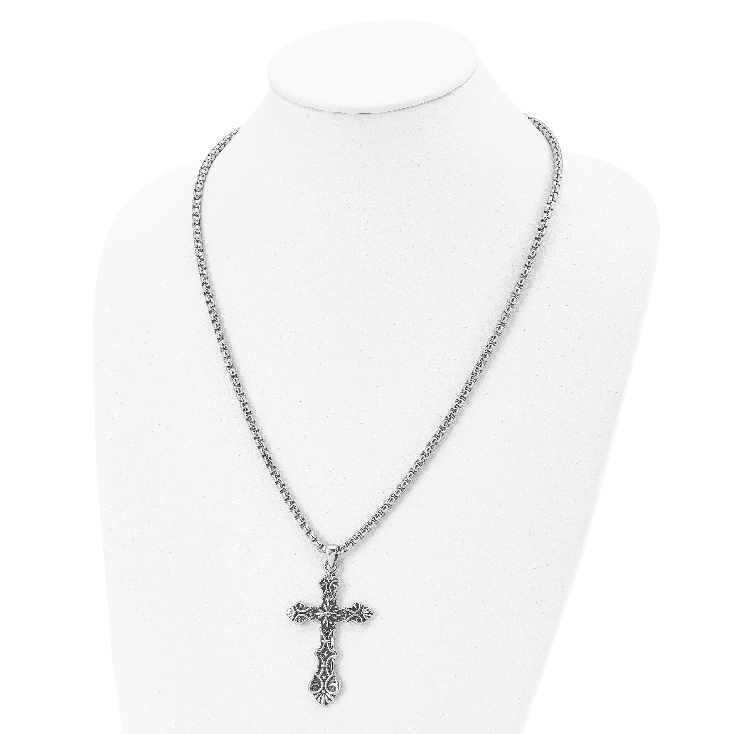 Stainless Steel Antiqued Polished and Textured Cross 24in Necklace