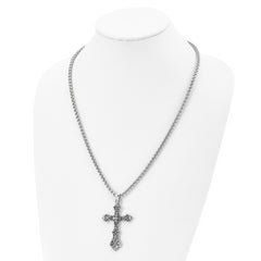 Stainless Steel Antiqued Polished and Textured Cross 24in Necklace