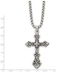 Stainless Steel Antiqued Polished and Textured Cross 24in Necklace