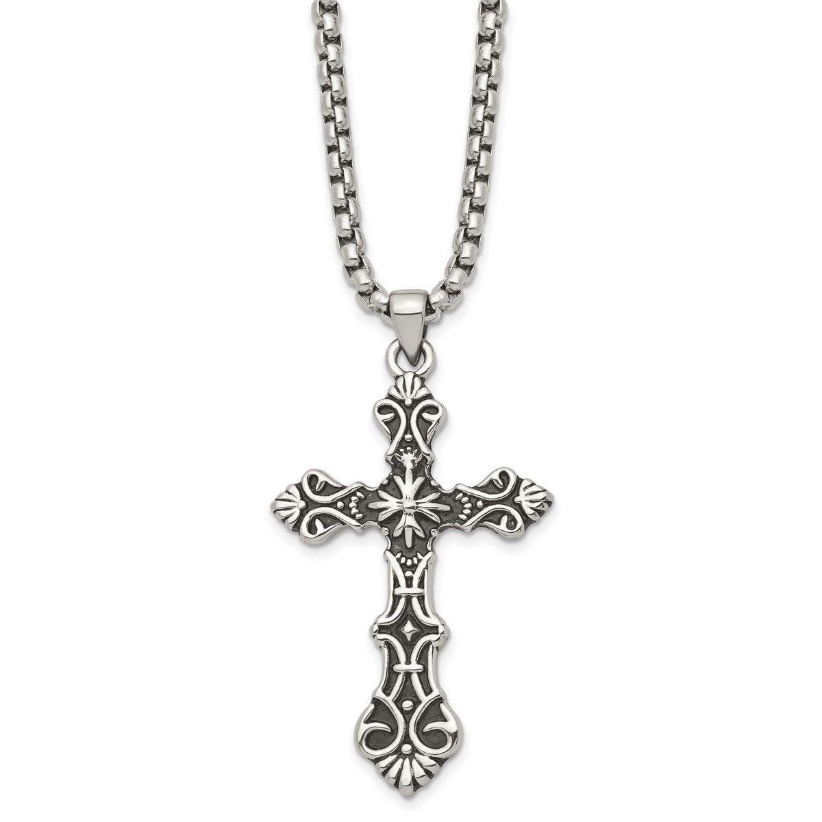 Stainless Steel Antiqued Polished and Textured Cross 24in Necklace