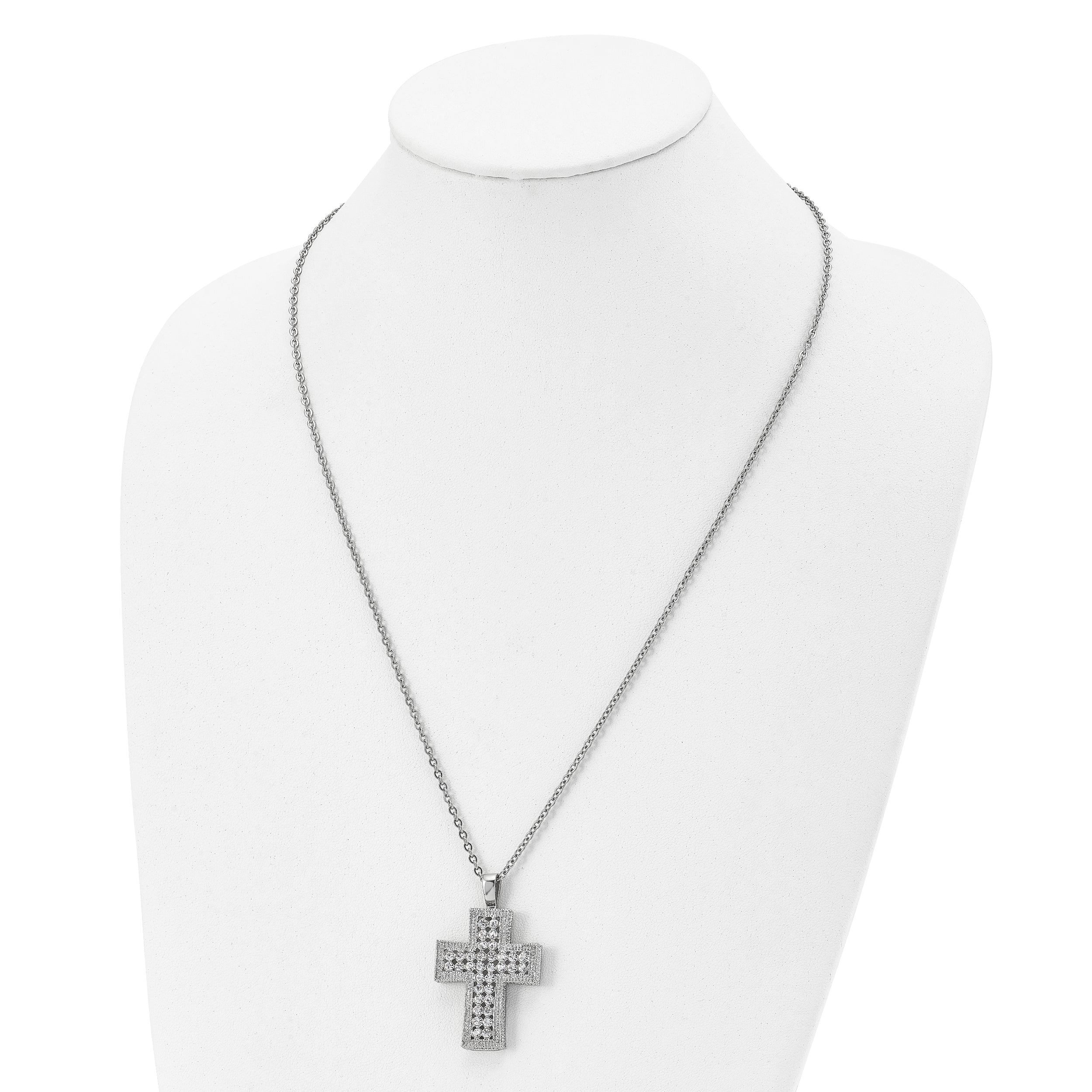 Stainless Steel Polished w/Crystal Cross 24in Necklace