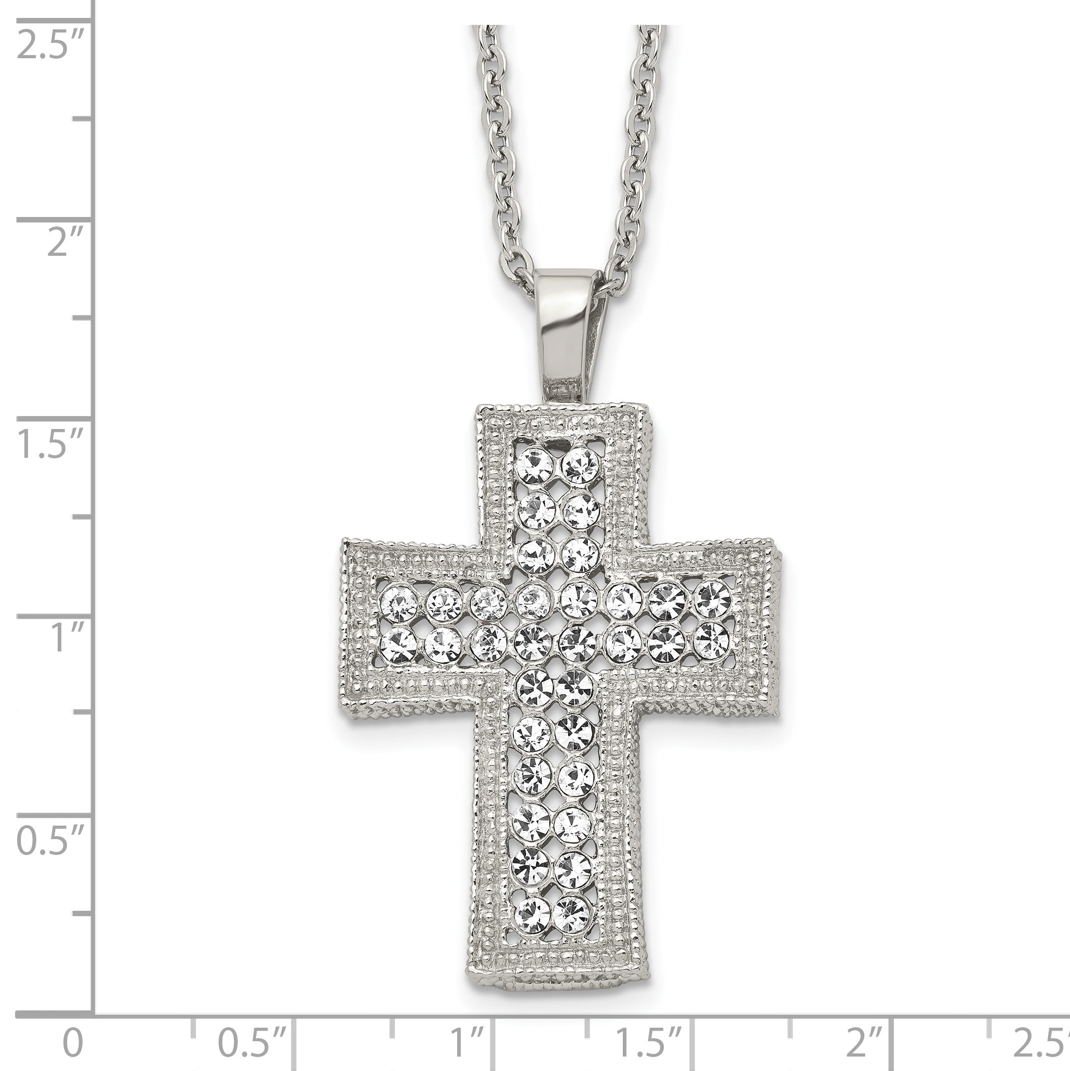 Stainless Steel Polished w/Crystal Cross 24in Necklace