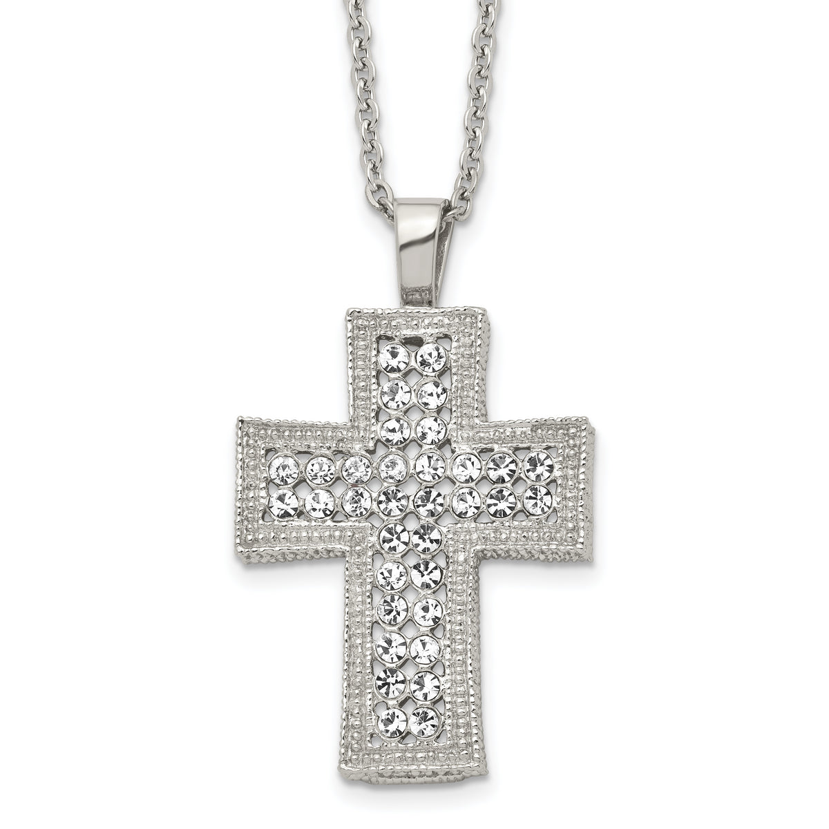 Stainless Steel Polished w/Crystal Cross 24in Necklace