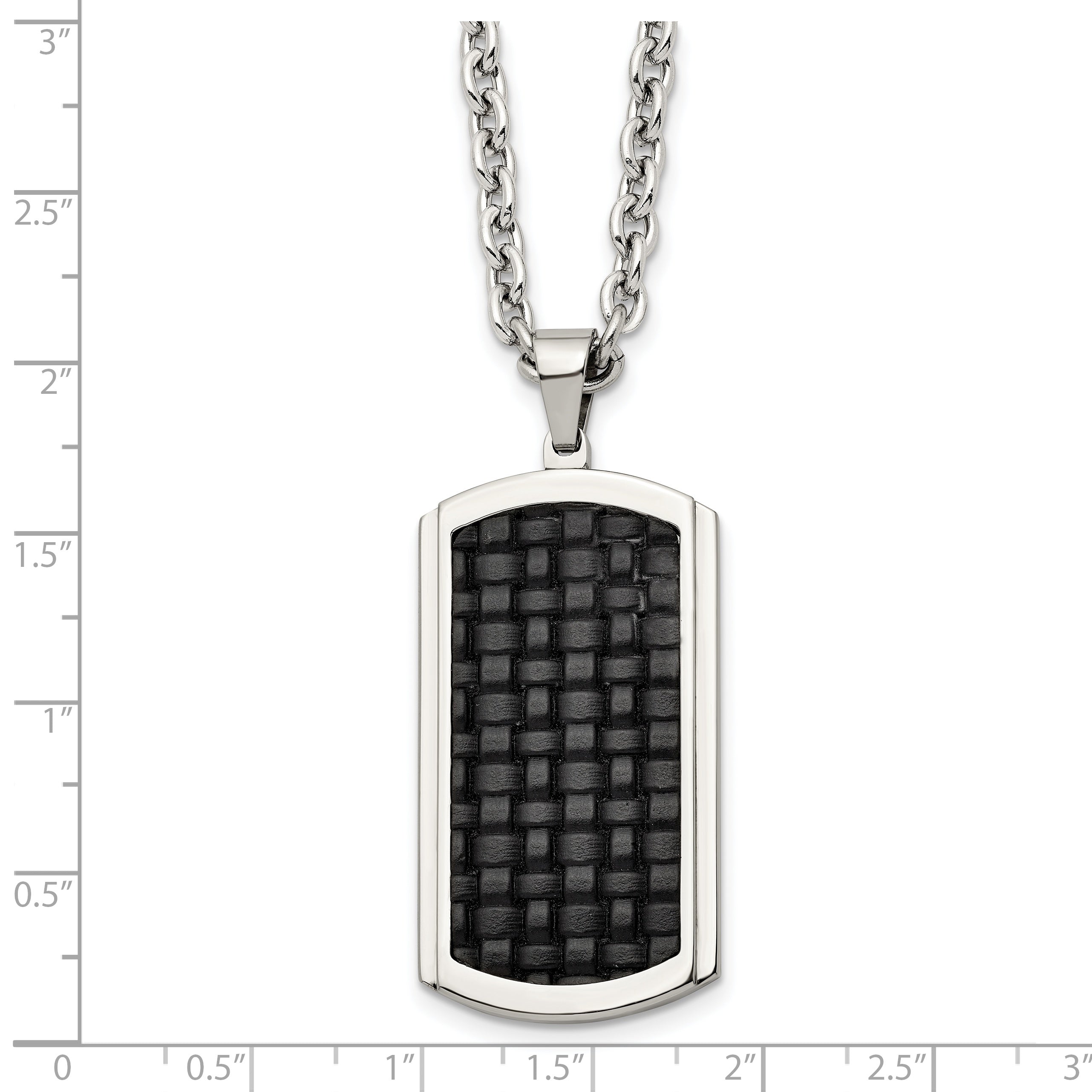 Stainless Steel Polished & Textured Leather Inlay Dog Tag 24in Necklace