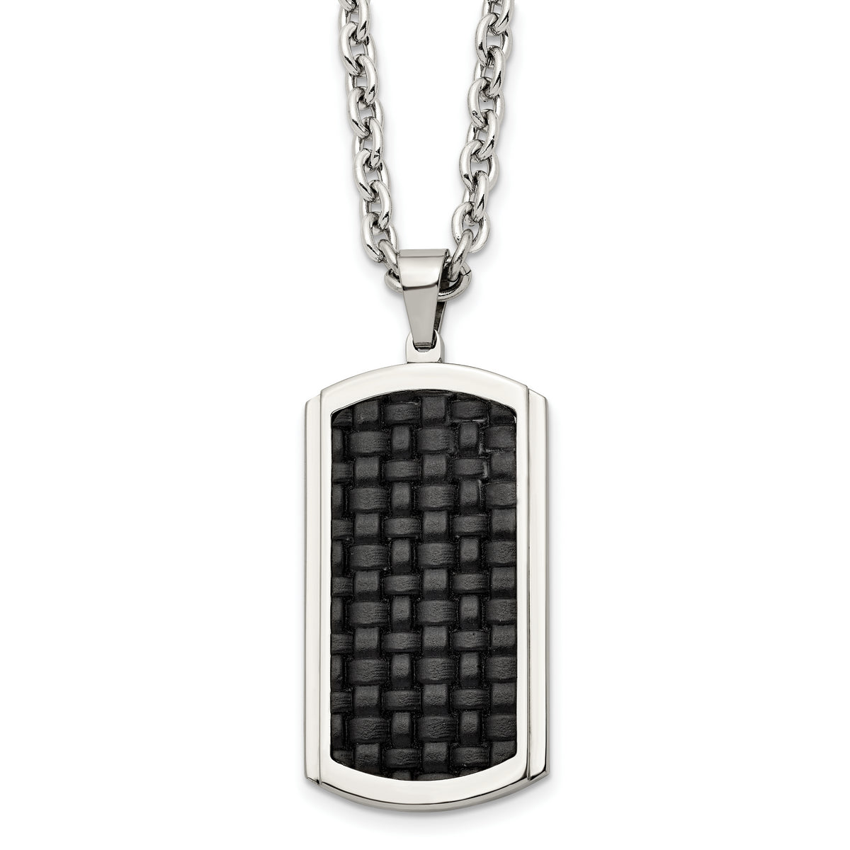 Stainless Steel Polished & Textured Leather Inlay Dog Tag 24in Necklace