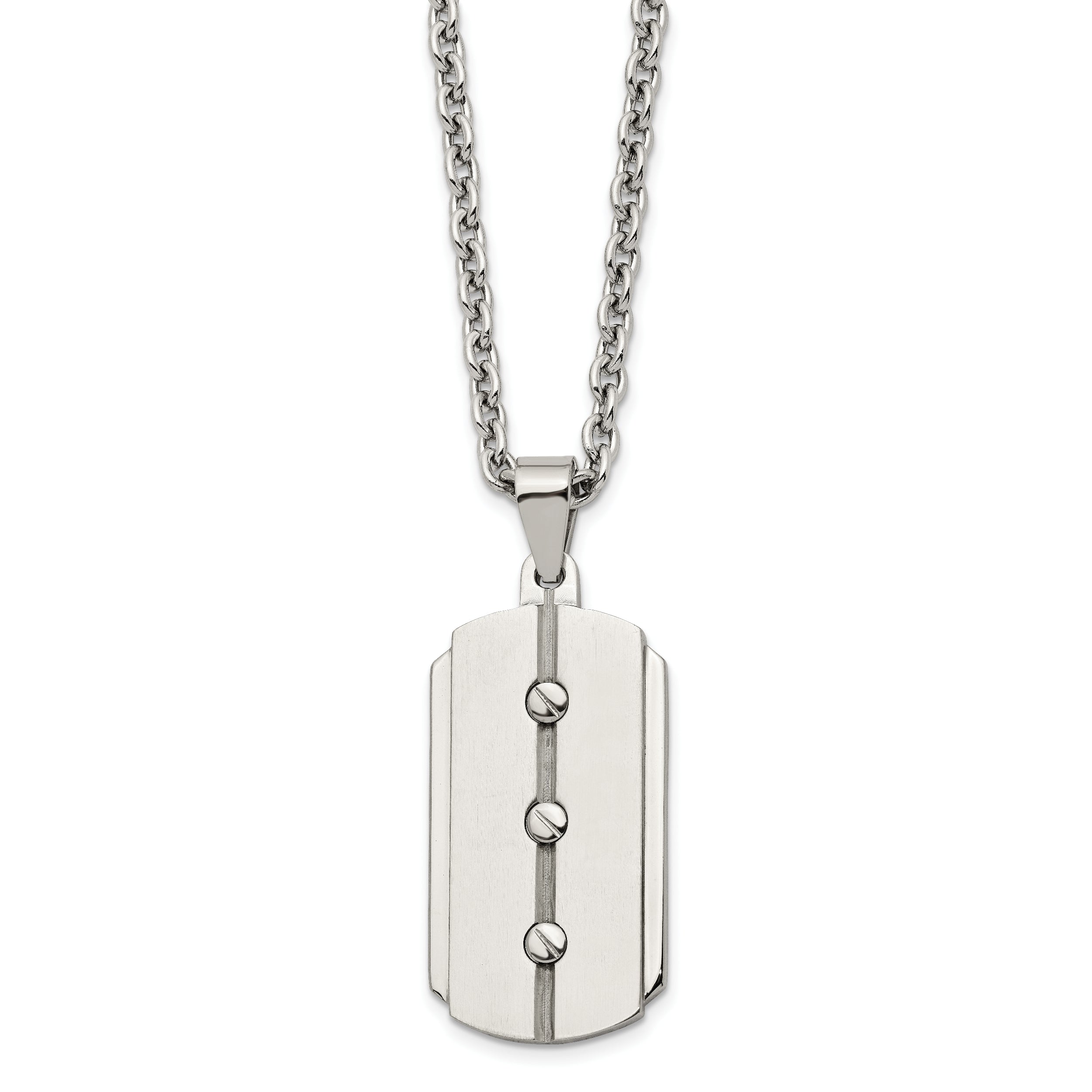 Stainless Steel 24in Brushed & Polished 3 Screw Design Dog Tag Necklace