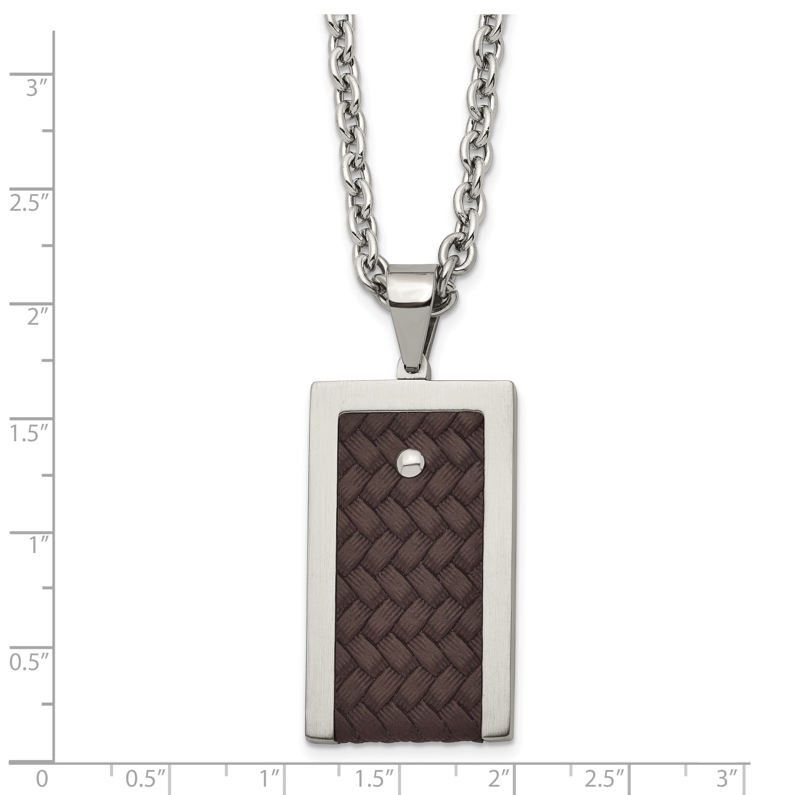 Stainless Steel Brushed & Polished Reversible w/Brown Leather Necklace