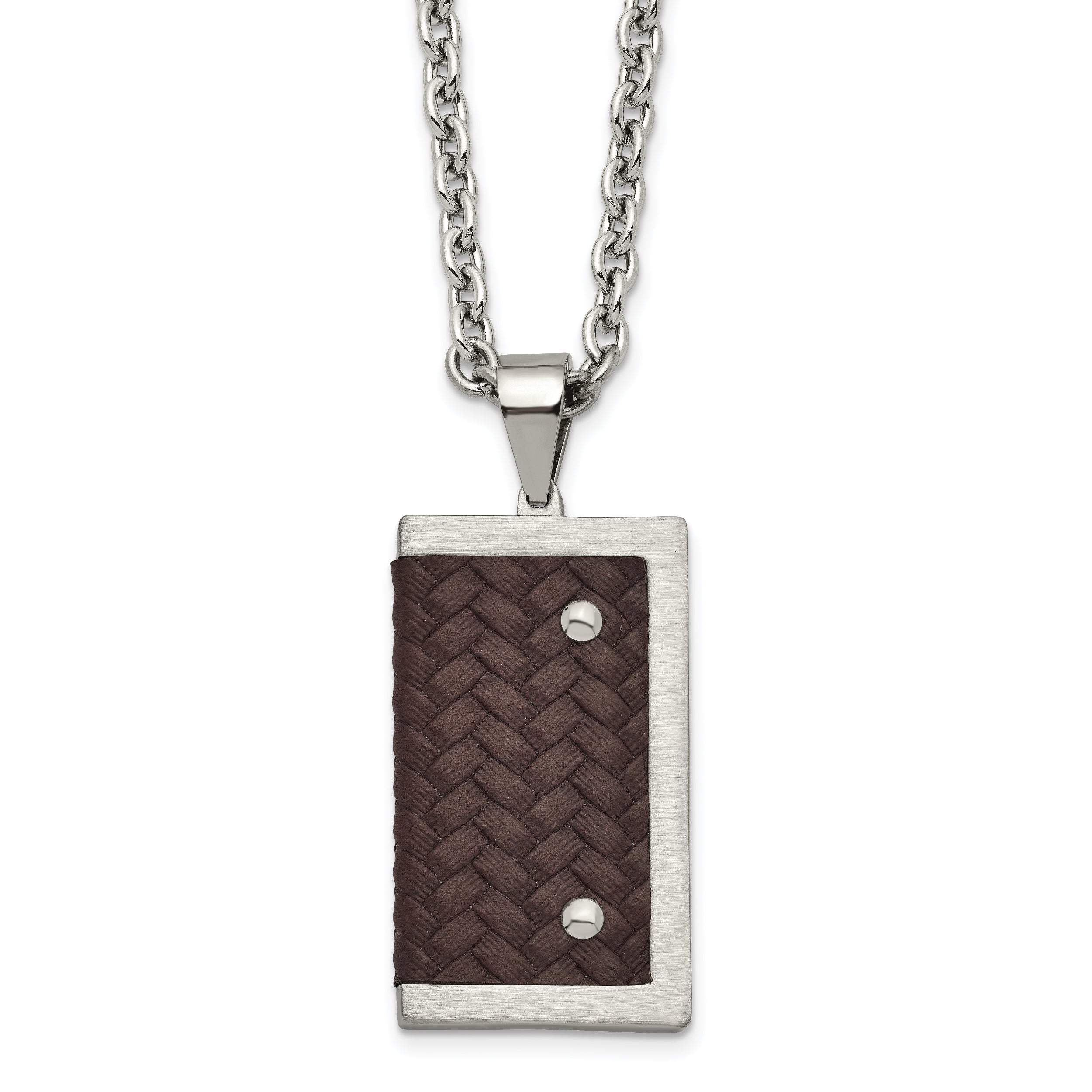 Stainless Steel Brushed & Polished Reversible w/Brown Leather Necklace