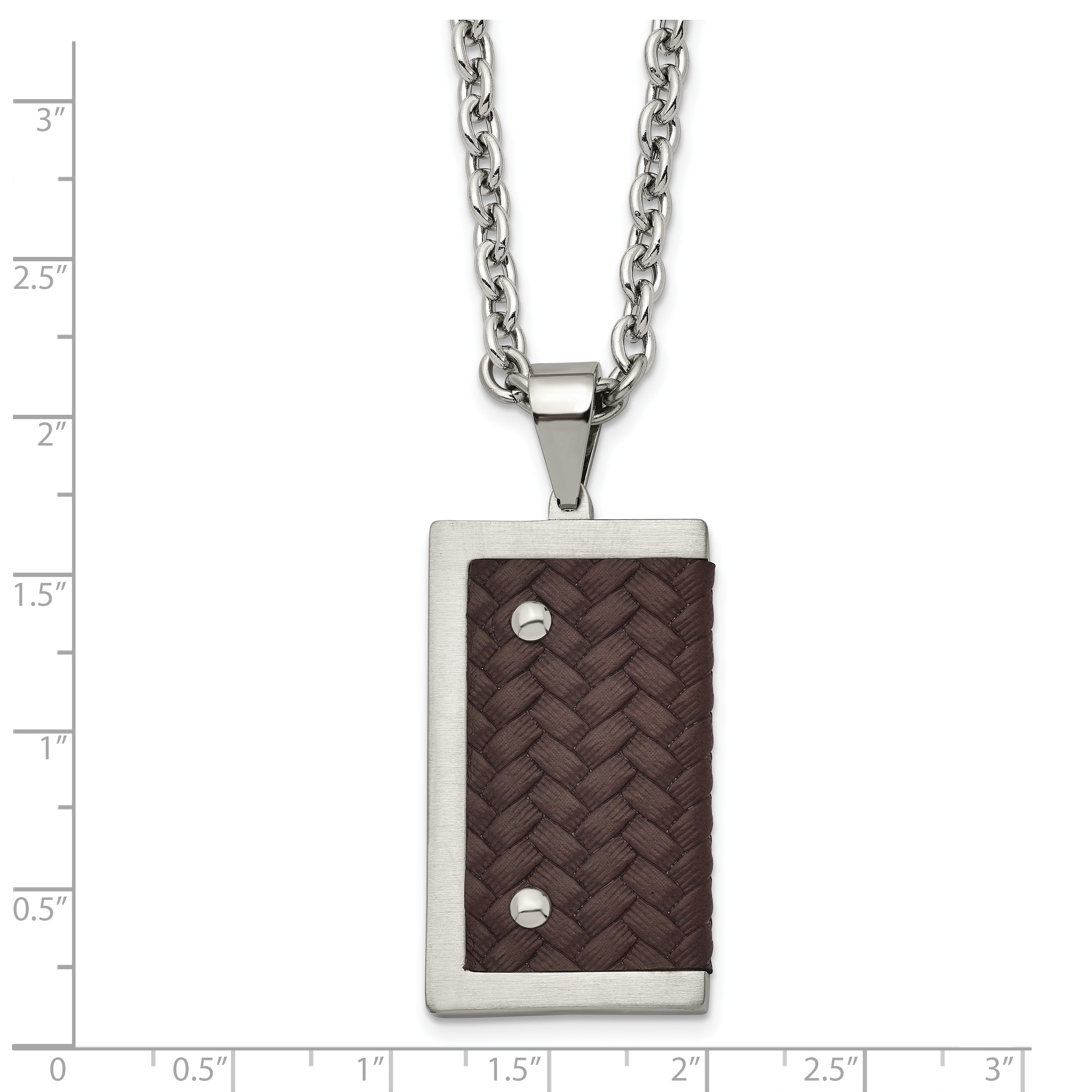 Stainless Steel Brushed & Polished Reversible w/Brown Leather Necklace