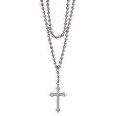 Stainless Steel Polished Cross w/Crystal Two Strand Beaded 16in Necklace