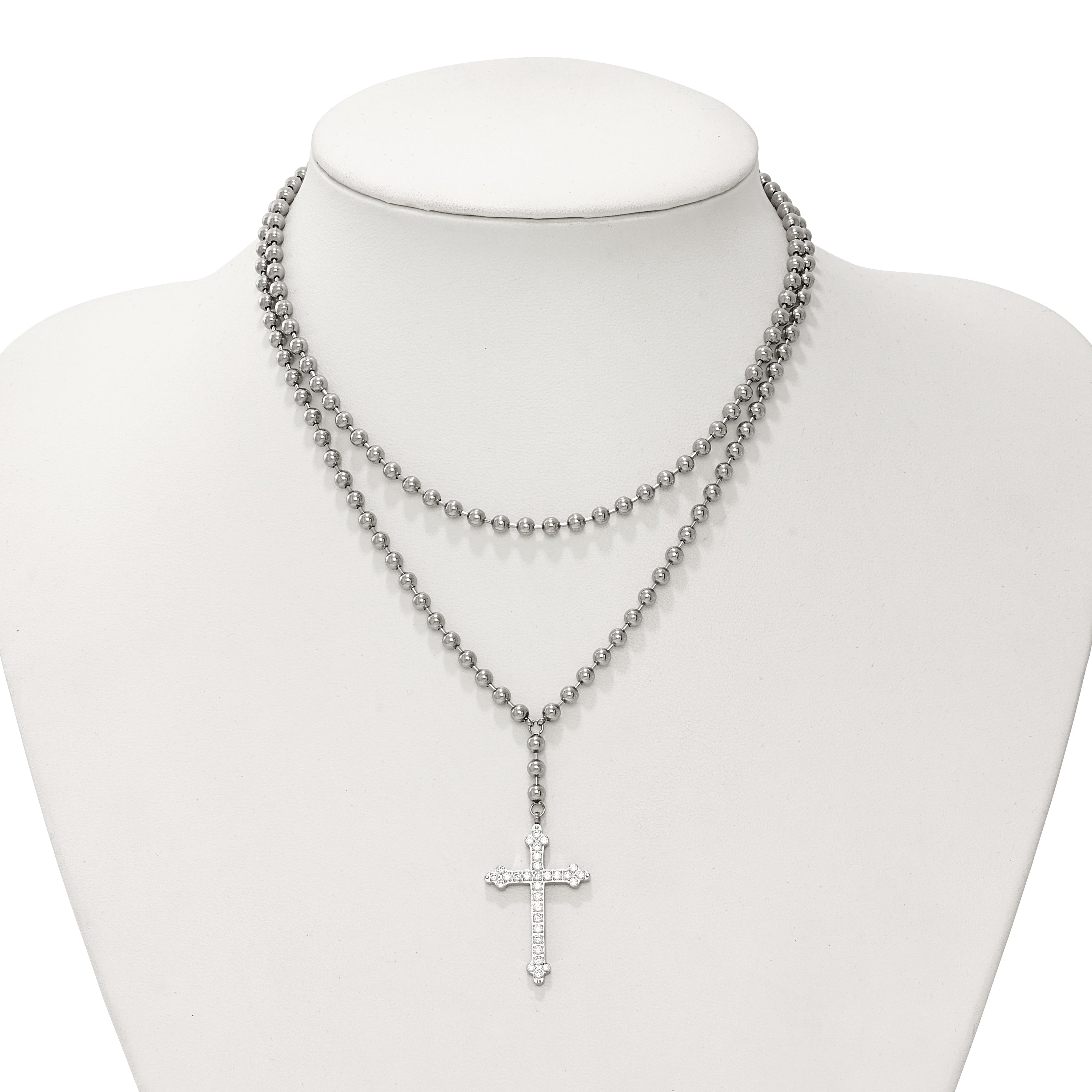 Stainless Steel Polished Cross w/Crystal Two Strand Beaded 16in Necklace