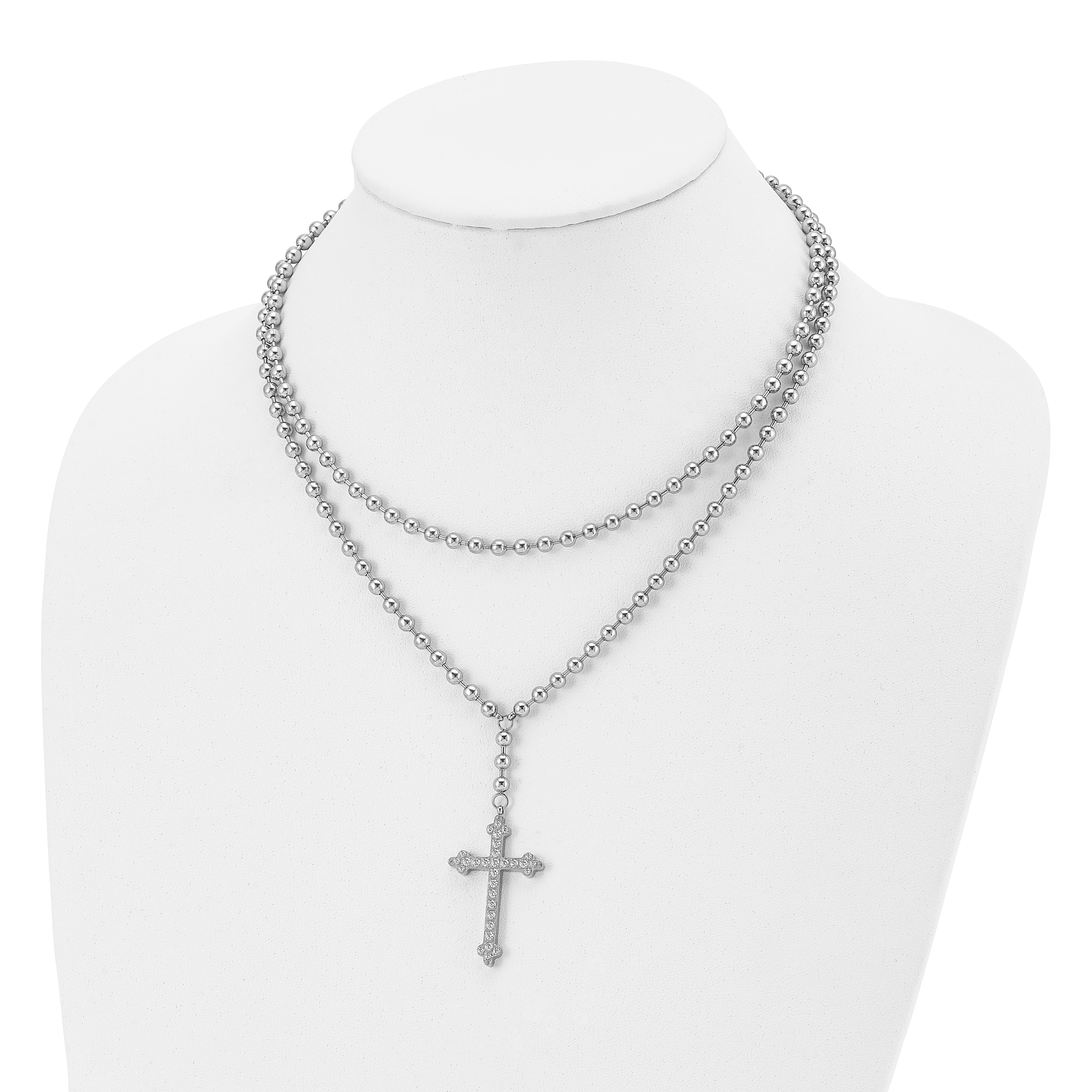 Stainless Steel Polished Cross w/Crystal Two Strand Beaded 16in Necklace