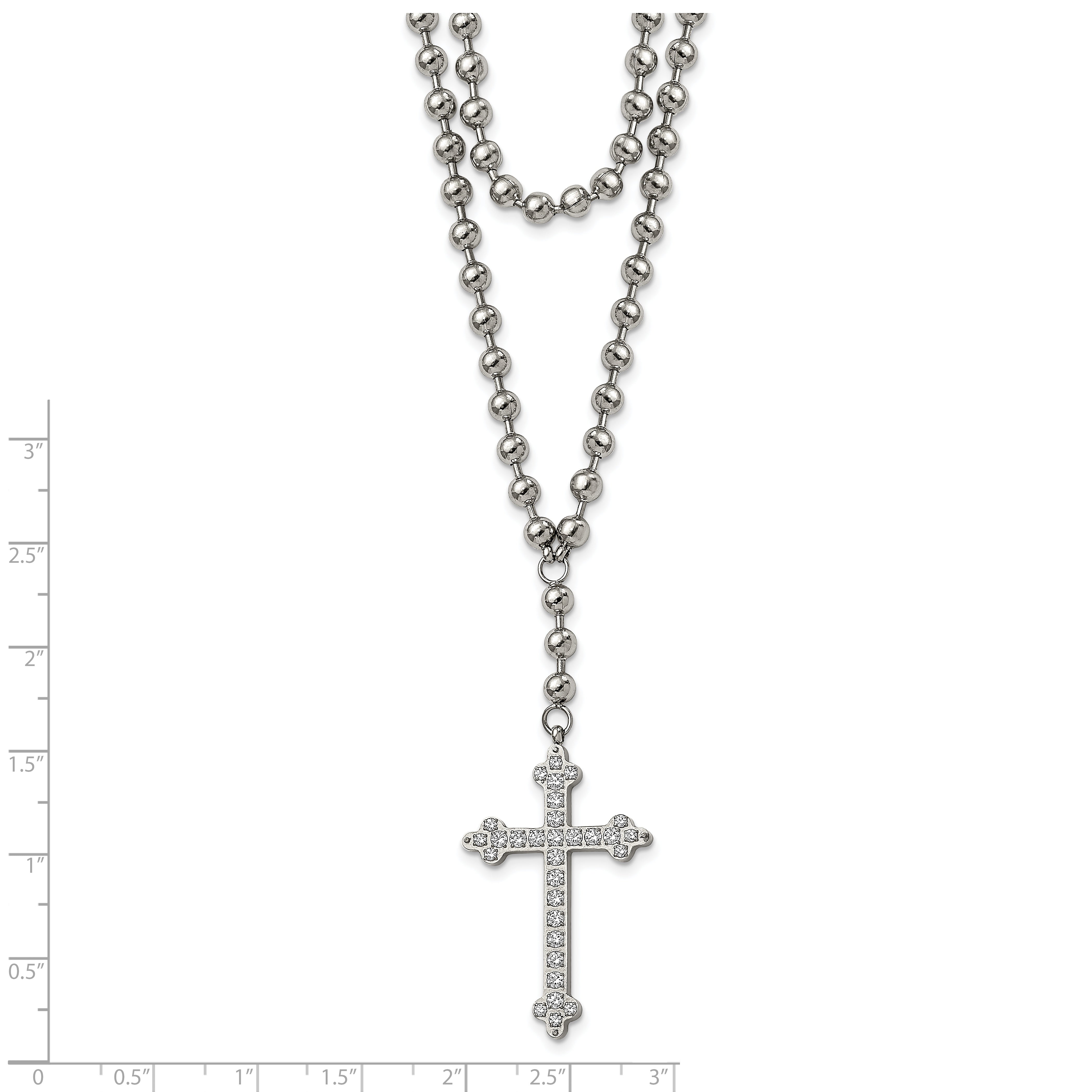 Stainless Steel Polished Cross w/Crystal Two Strand Beaded 16in Necklace