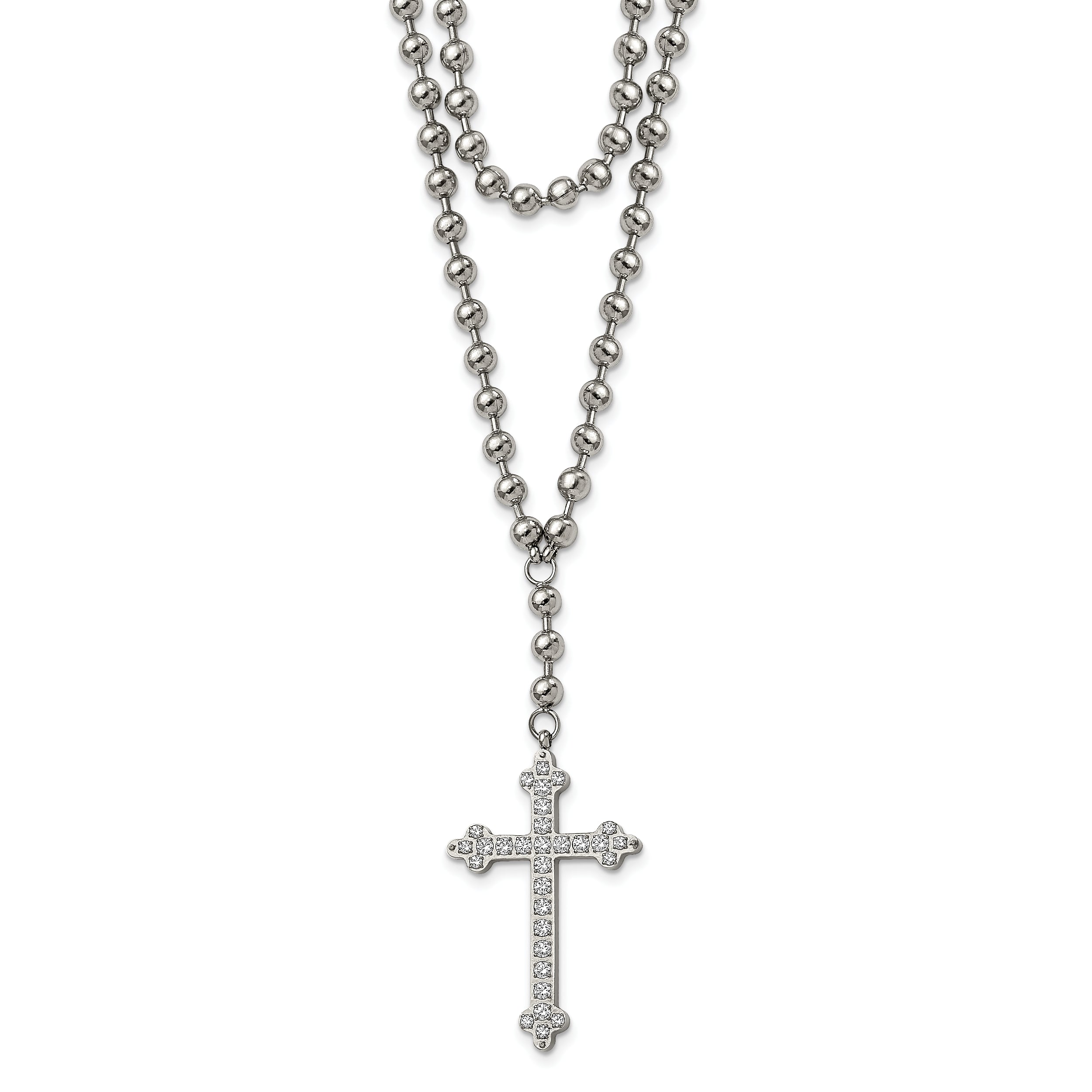 Stainless Steel Polished Cross w/Crystal Two Strand Beaded 16in Necklace